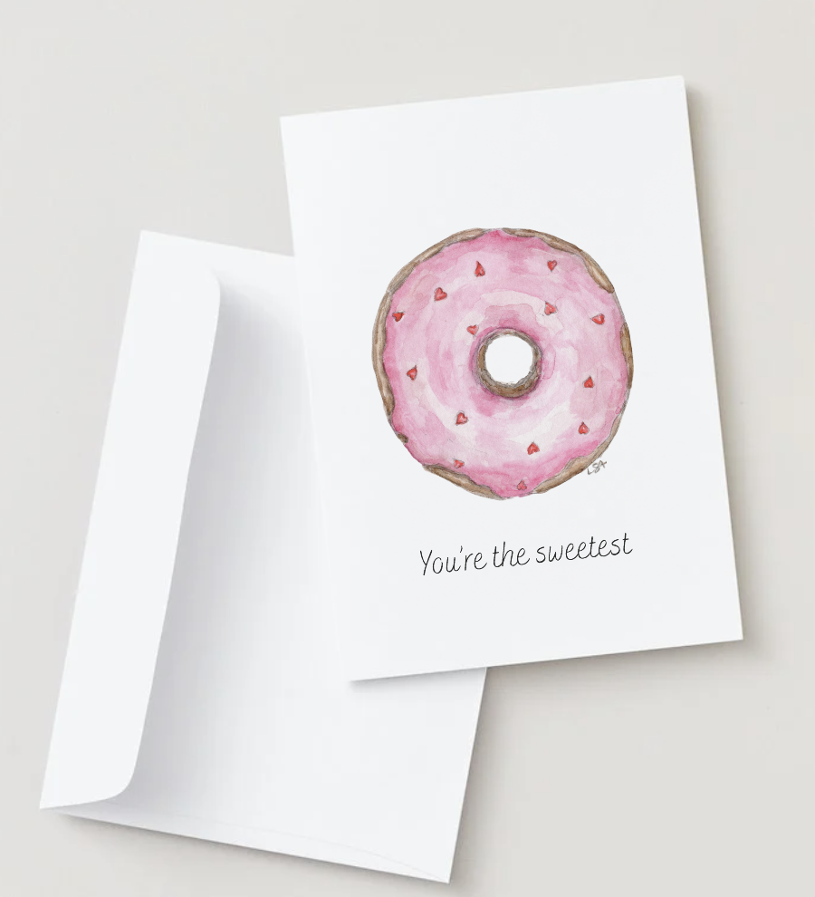 Pink doughnut watercolor illustrated notecard set