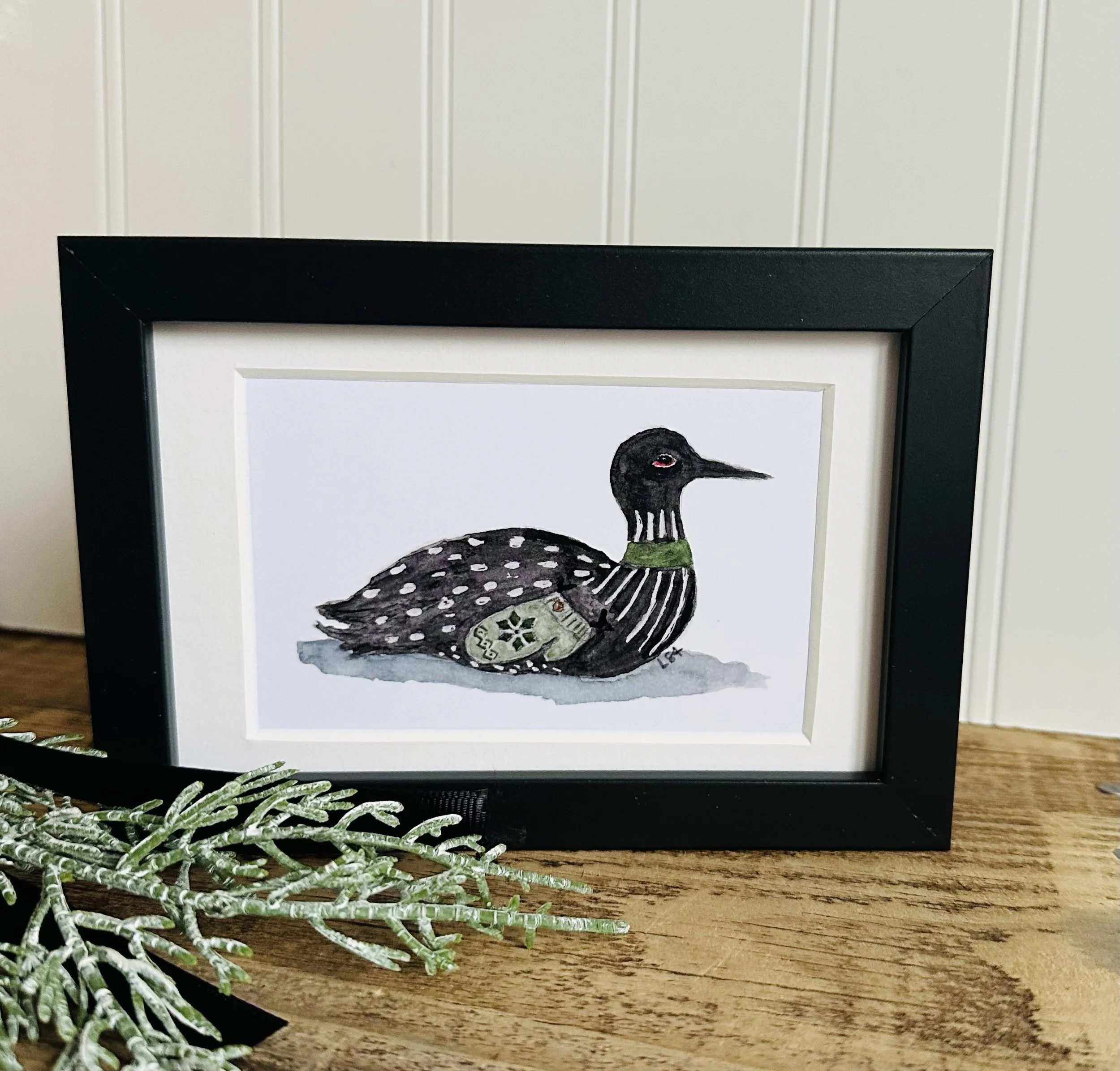 Framed 4x6 watercolor illustrated Mitten loon
