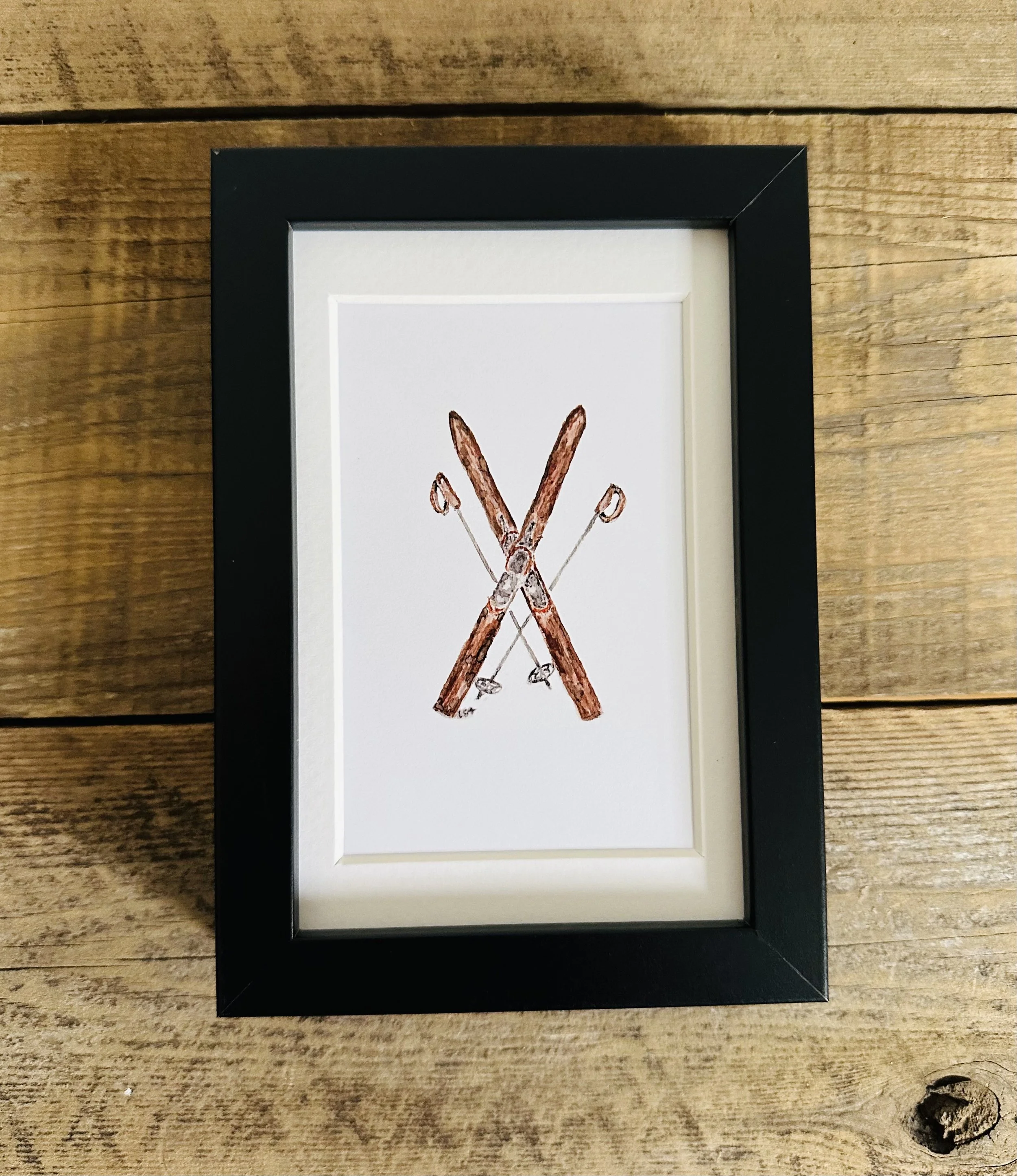 Framed watercolor vintage skis