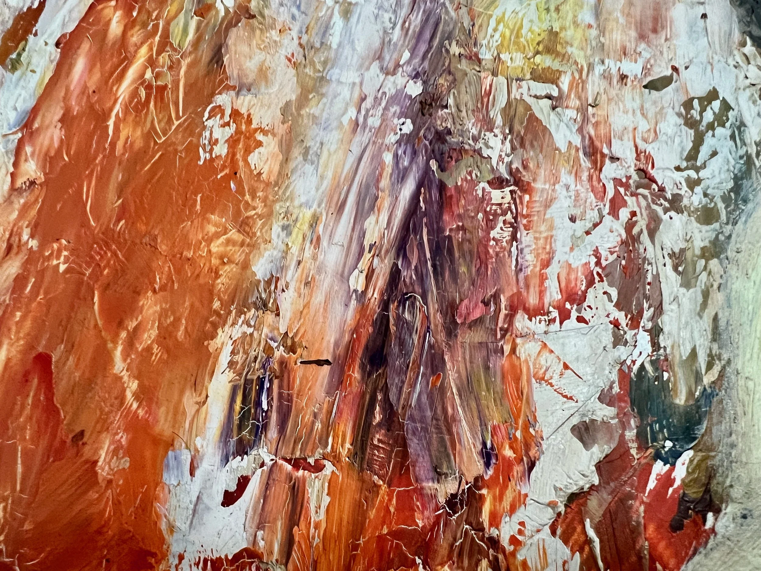 Abstract painting with thick, textured strokes in shades of orange, purple, white, brown, and hints of yellow and black.