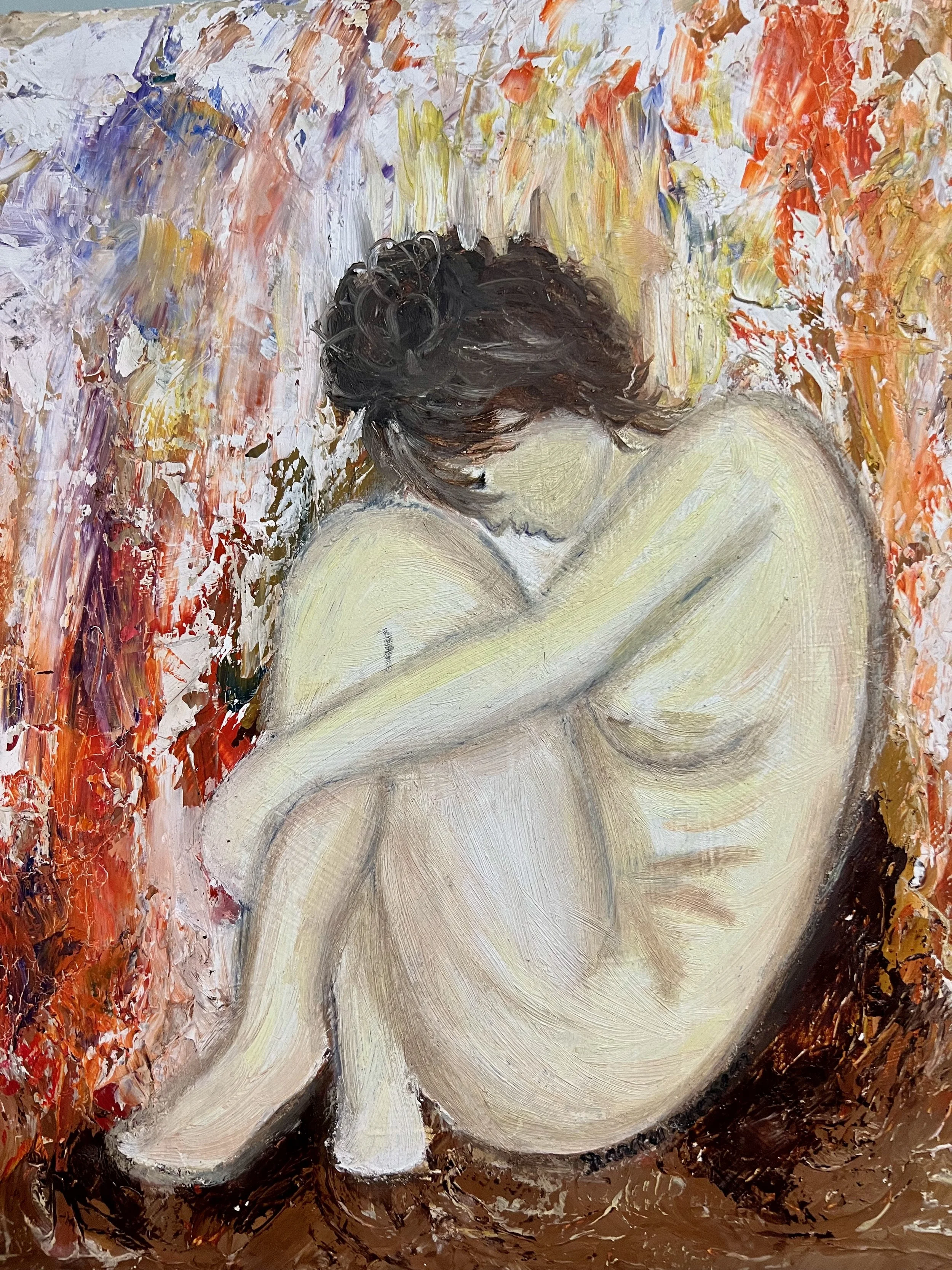 An oil painting of a nude woman with dark hair, sitting in a curled position with her arms wrapped around her knees, her head bowed, surrounded by an abstract, colorful background of reds, oranges, and purples.