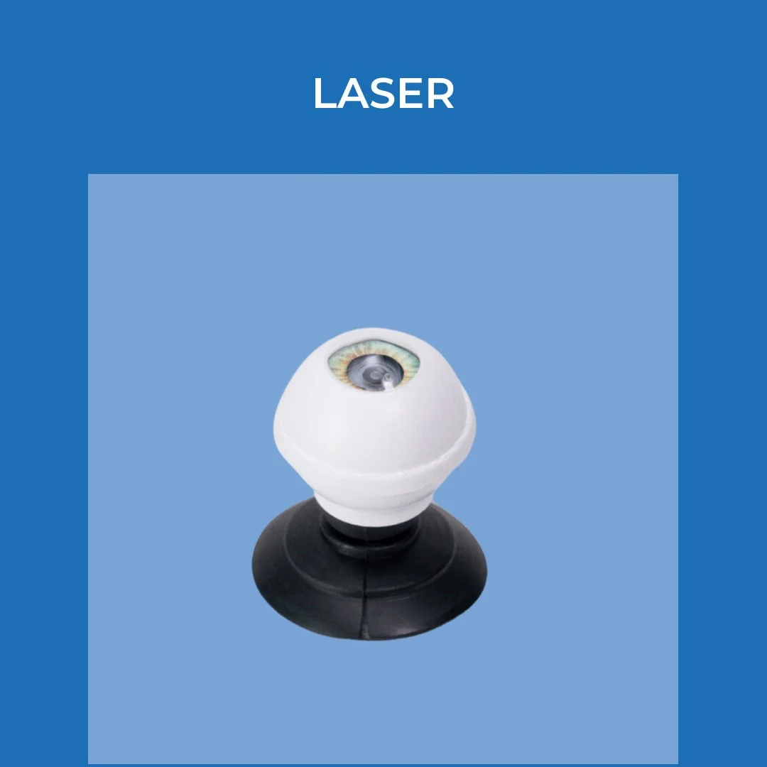 A white and black laser pointer with a spherical top, resembling a small robot or ball, on a blue background with the word 'LASER' at the top.