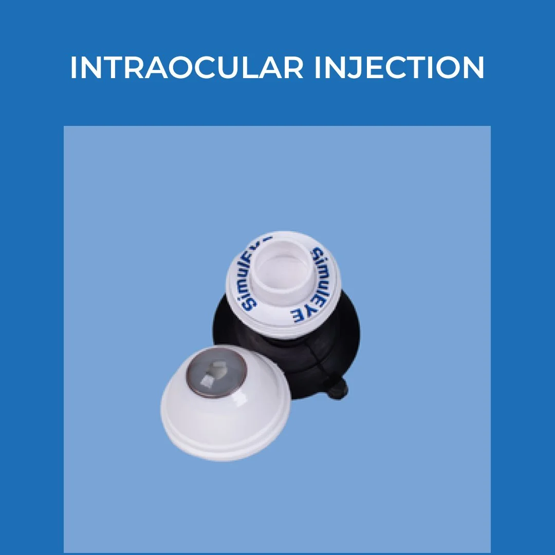 A medical diagram showing an intraocular injection, with a small white container labeled 'SHISEIDO,' a black eye model, and a white eye dropper.