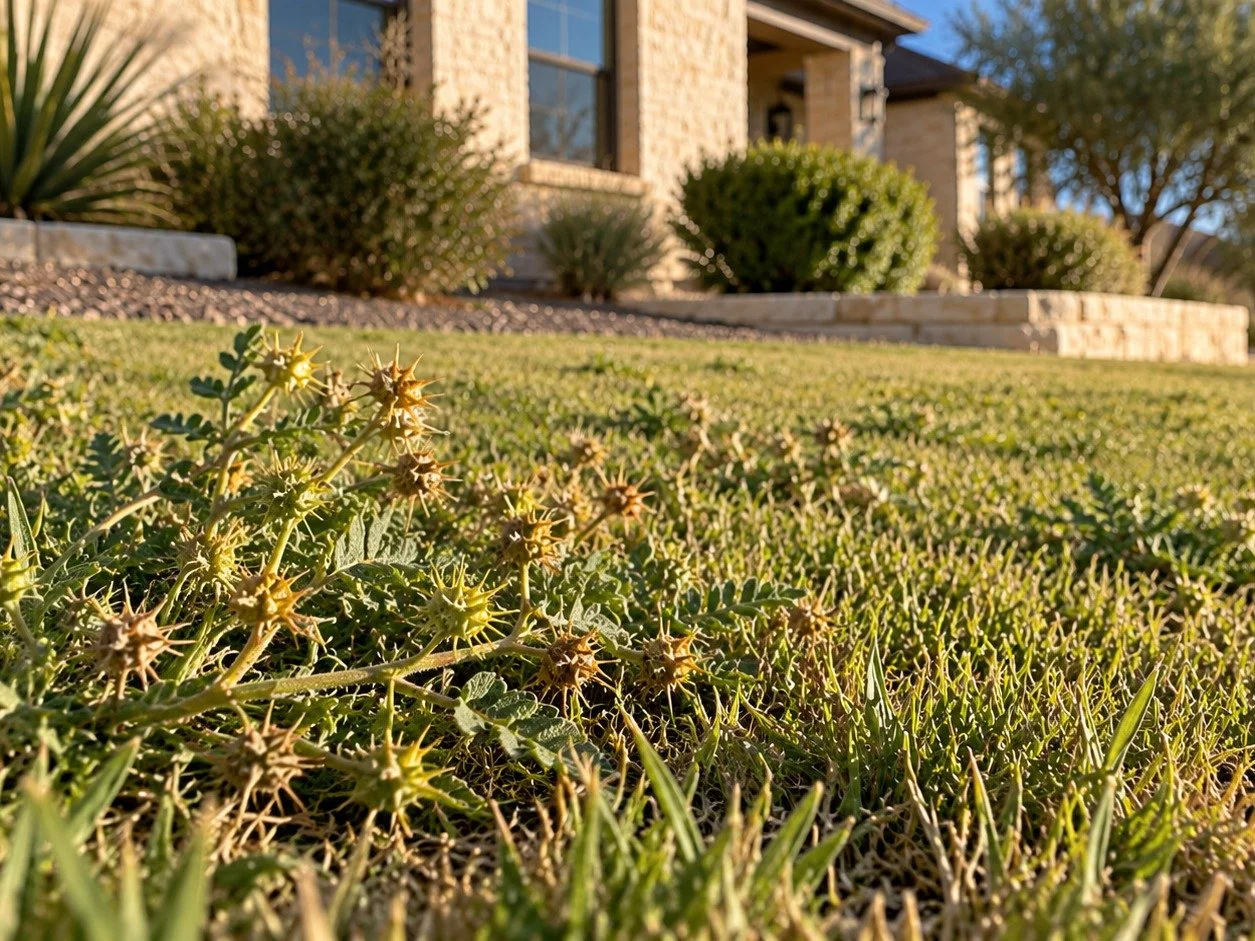 Spiny puncturevine weeds growing in a residential lawn with desert landscaping and a stone house in the background.