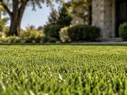 Close-up view of a lush green lawn in a landscaped residential yard