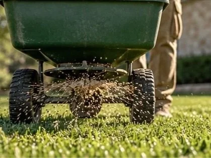 Close-up of a wheeled lawn spreader distributing grass seed across a green lawn
