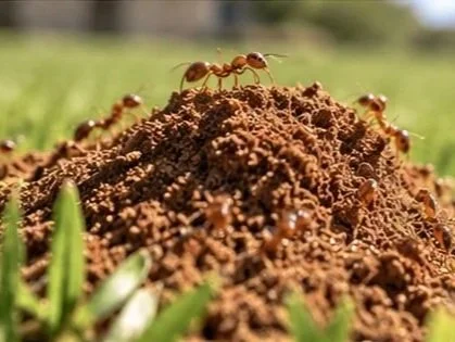 Close-up of red ants crawling over a large soil mound in grass