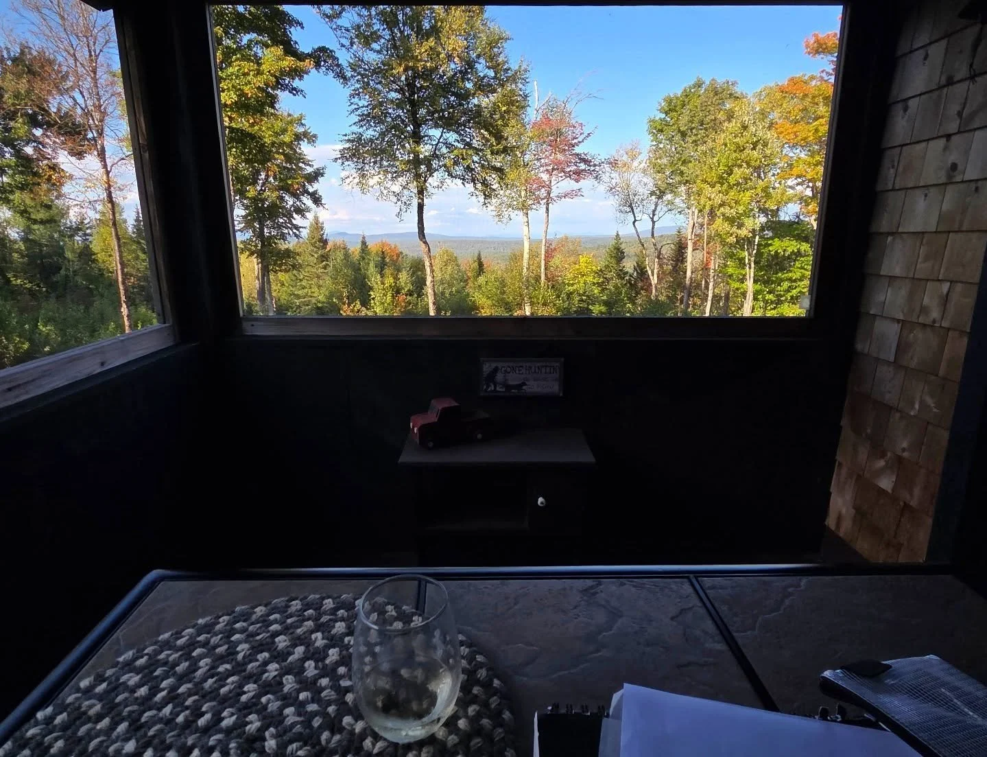 Working on an exciting project while drinking $6 wine, soaking up this view, and listening to dozens of howling coyotes. Ellie isn't impressed.