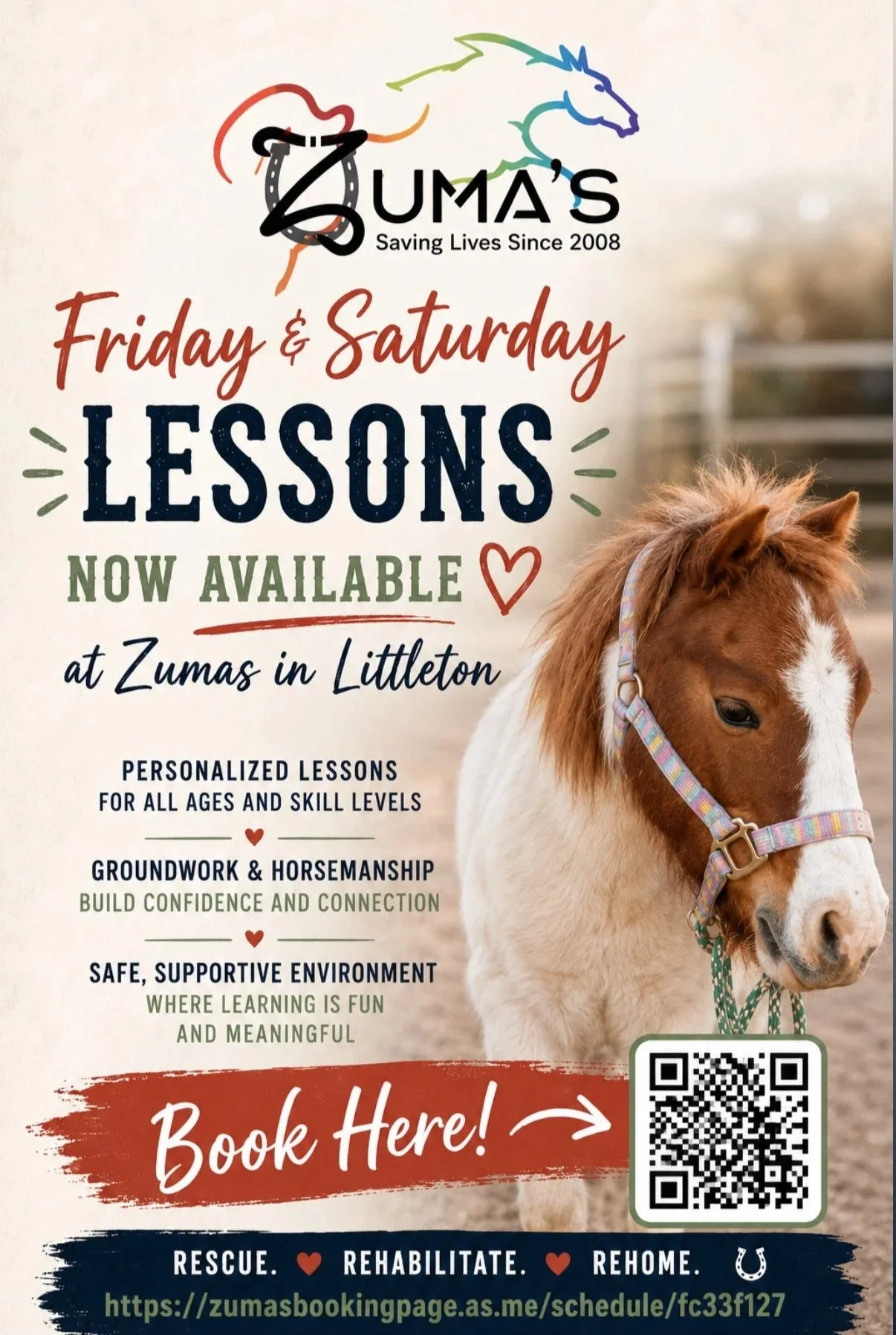 Flyer advertising Zumas horse lessons available on Fridays and Saturdays at Littletown. Features a close-up of a brown and white horse with a colorful halter. Includes QR code, website link, and contact info. Emphasizes personalized lessons, groundwork, horsemanship, confidence, connection, safety, and support.