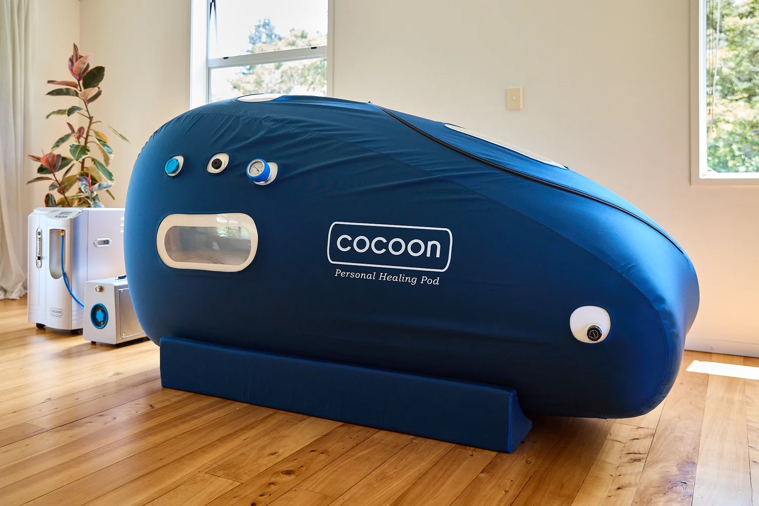 A Cocoon hyperbaric oxygen chamber set up in a home