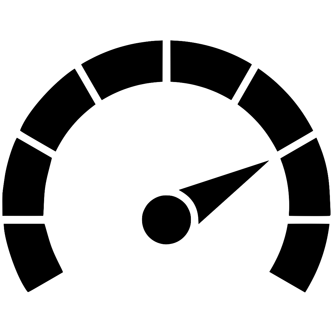 Black gauge with a needle pointing to the middle, divided into segments with empty labels.
