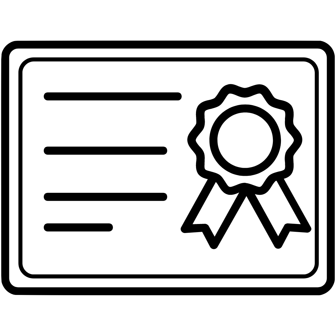 Line drawing of a certificate or award with a large ribbon badge on the right side.