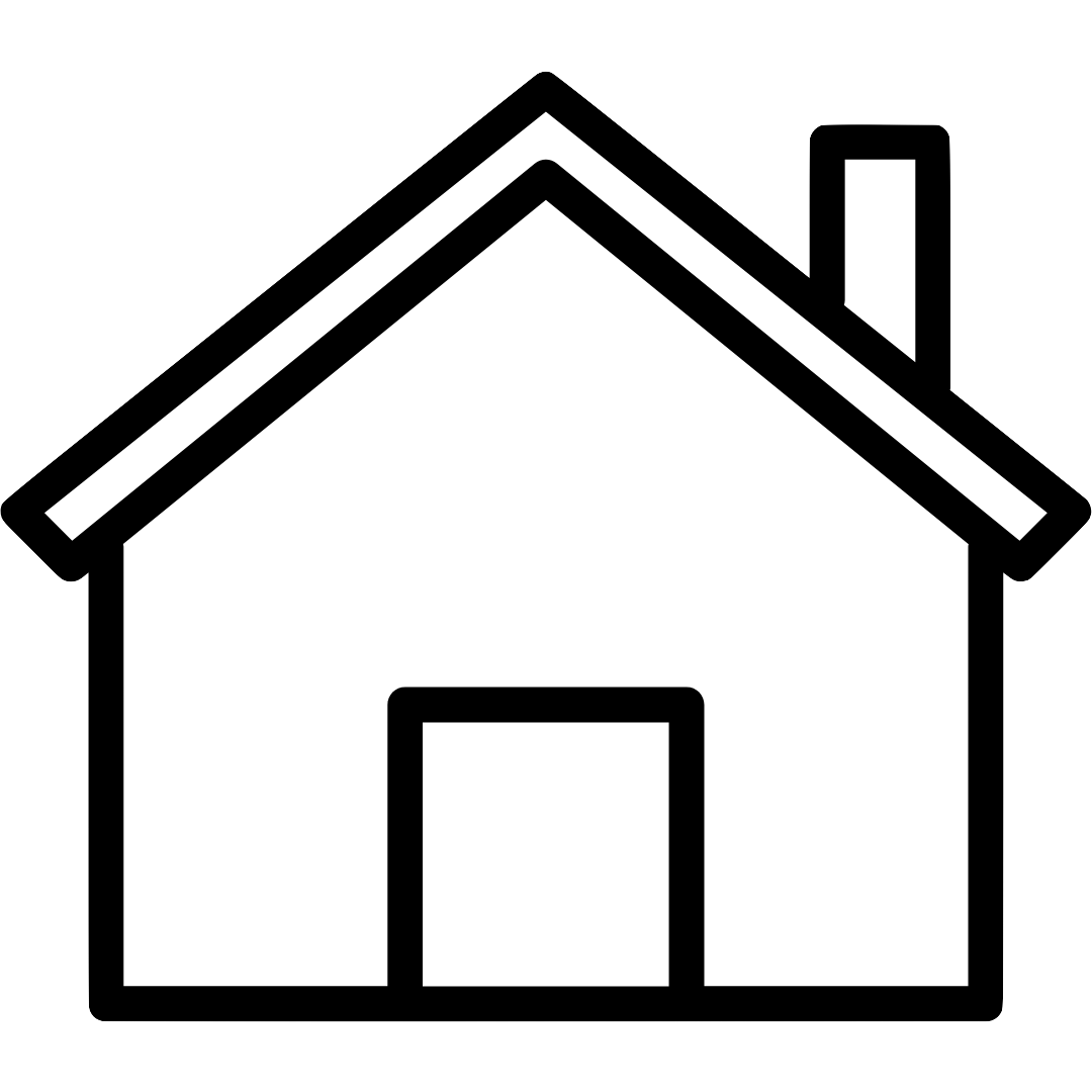 Black and white illustration of a house with a pitched roof, a chimney, and a single door.