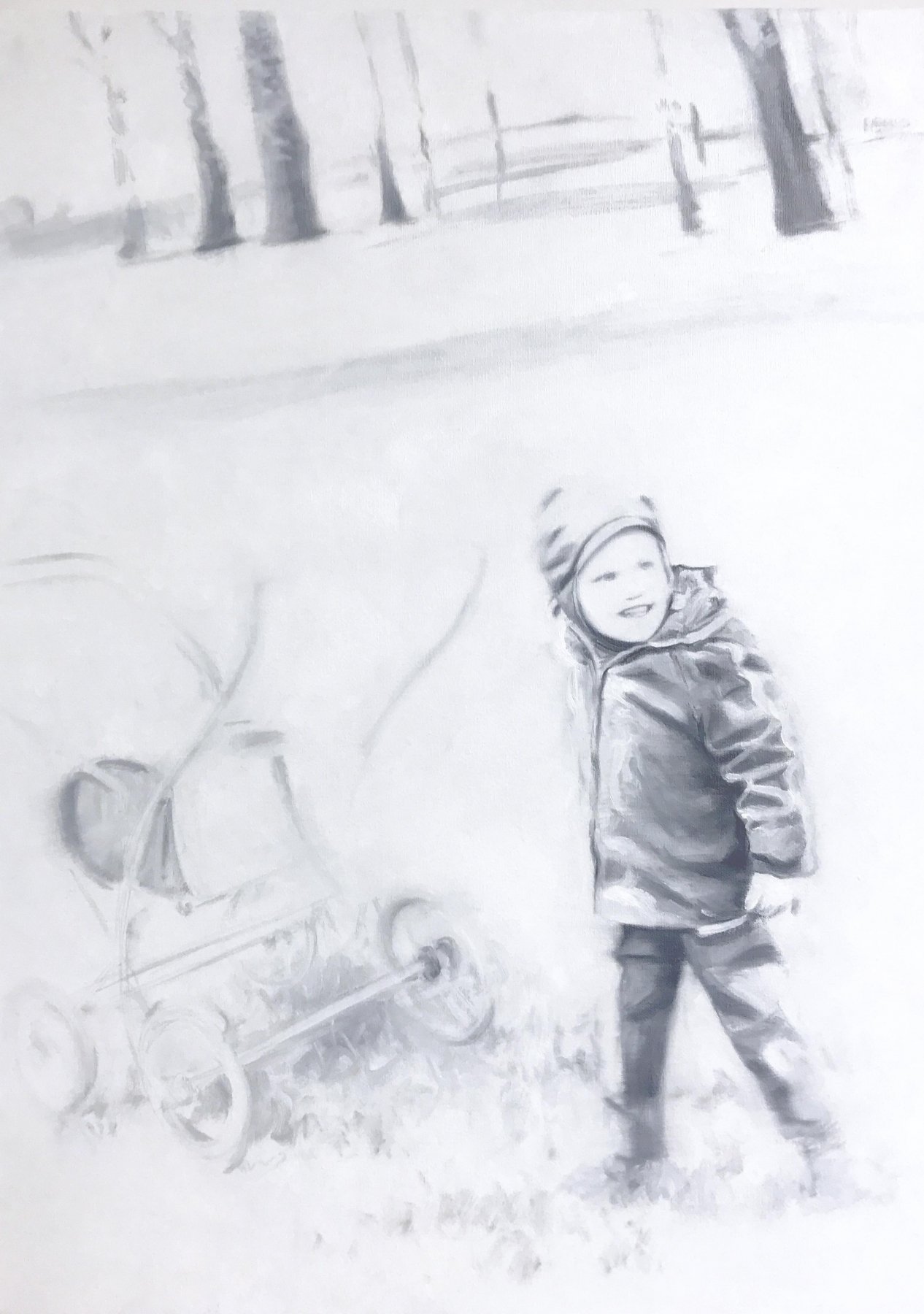Monochrome drawing of a child in winter clothes standing next to a stroller in a park-like setting with trees in the background.