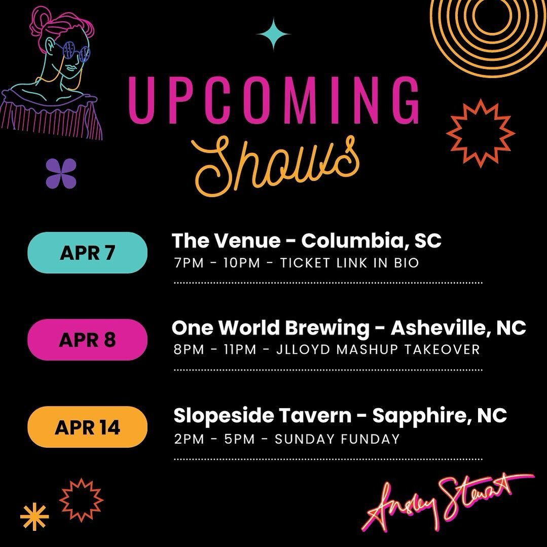 Just your cute and colorful Monday reminder to come see us soon ✨🌼😘
.
.
.
#ansleystewartsings #livemusic #originalmusic #mainstcolasc #colatoday #experiencecolumbia #oneworldbrewing #slopeside #columbiasc #asheville #sapphirenc #sapphirevalley