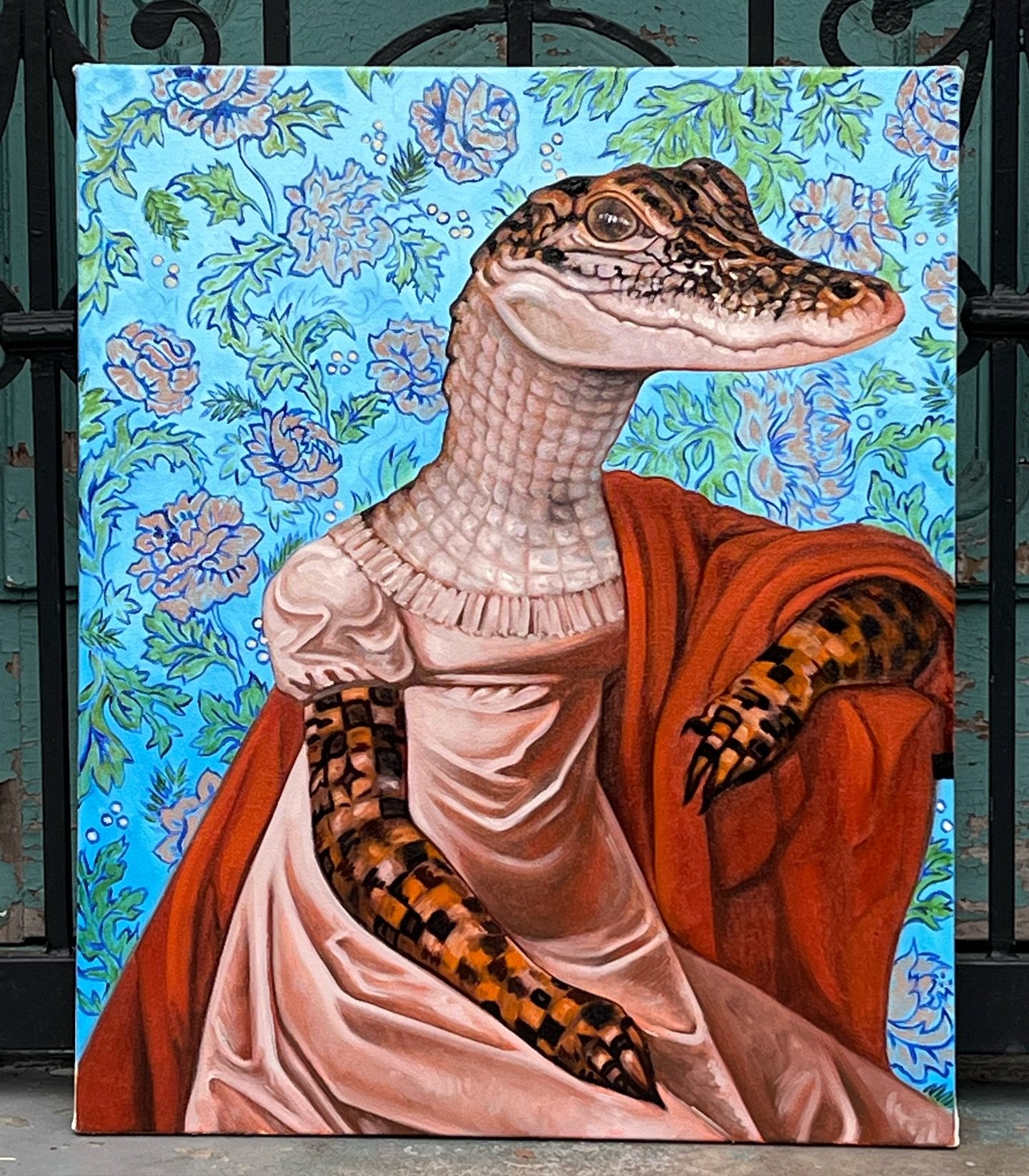 Meet Sarah 👋 fierce and independent 🐊 ✨  one of the many new oil paintings from Jane Talton's upcoming exhibition Louisiana dragons 🐉 

#louisianadragons #frenchquarter #nola #nolaartist #neworleansart #jazzfestz2024 #anthropomorphicart #portraitu