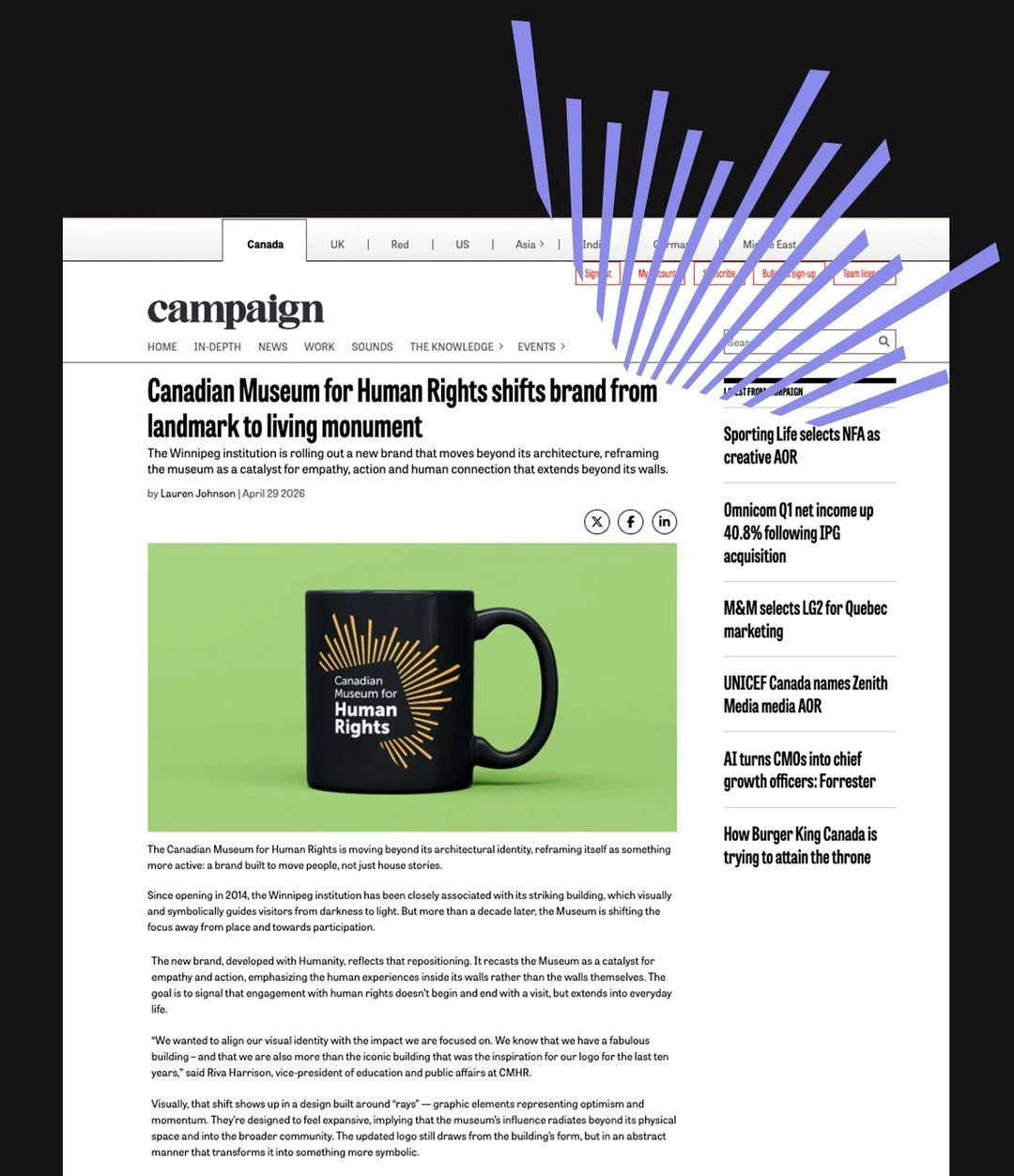 What happens when a museum becomes more than a place people visit?

Thank you to Campaign Canada for featuring our rebrand for the Canadian Museum for Human Rights and the thinking behind the work.

A brand transformation designed to shift the Museum