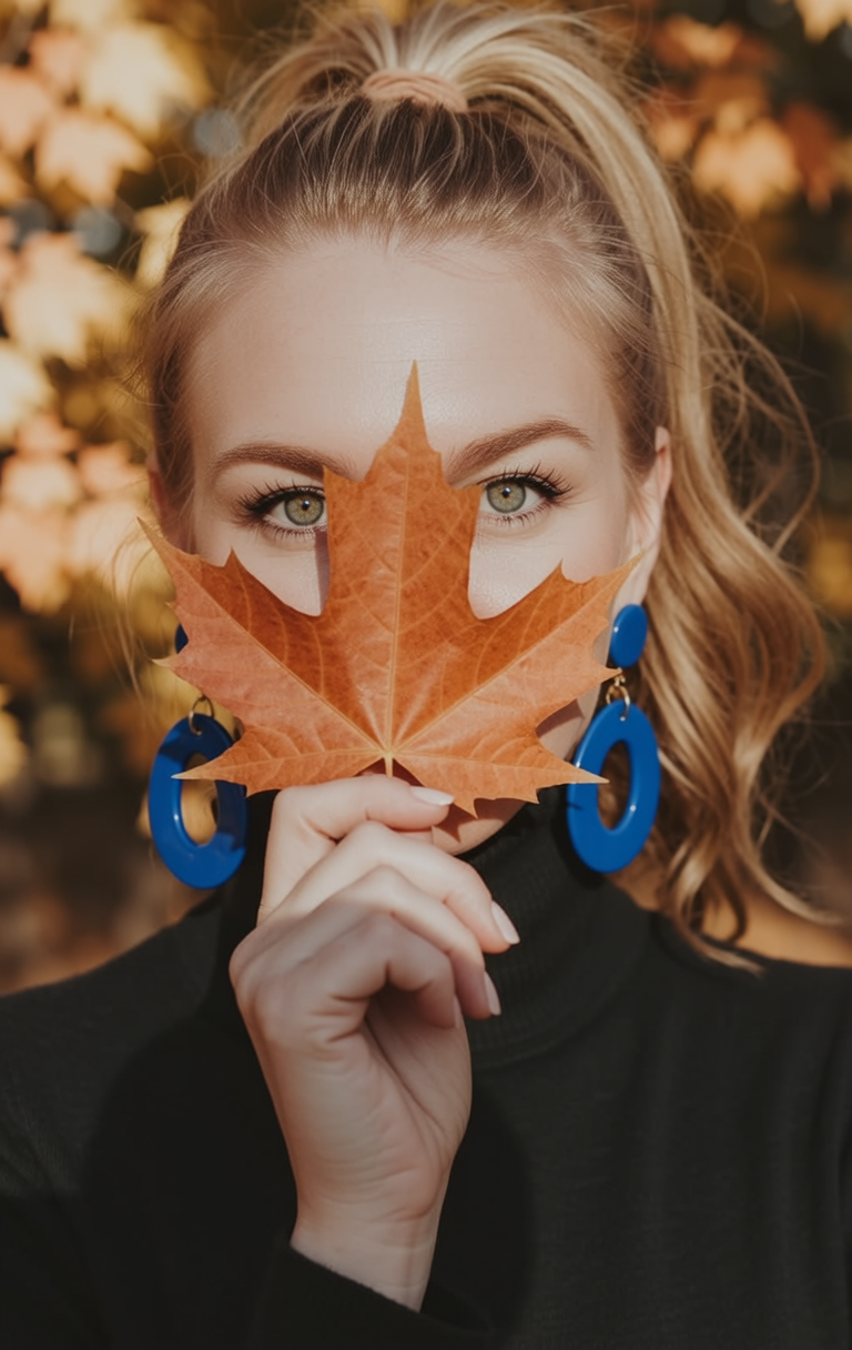 A woman with blue earrings and blonde hair holding an orange maple leaf in front of her face, with trees in fall colors in the background.