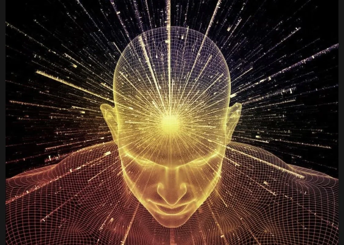 Abstract digital illustration of a human head with radiant lines and a bright light in the forehead area, symbolizing consciousness or enlightenment.