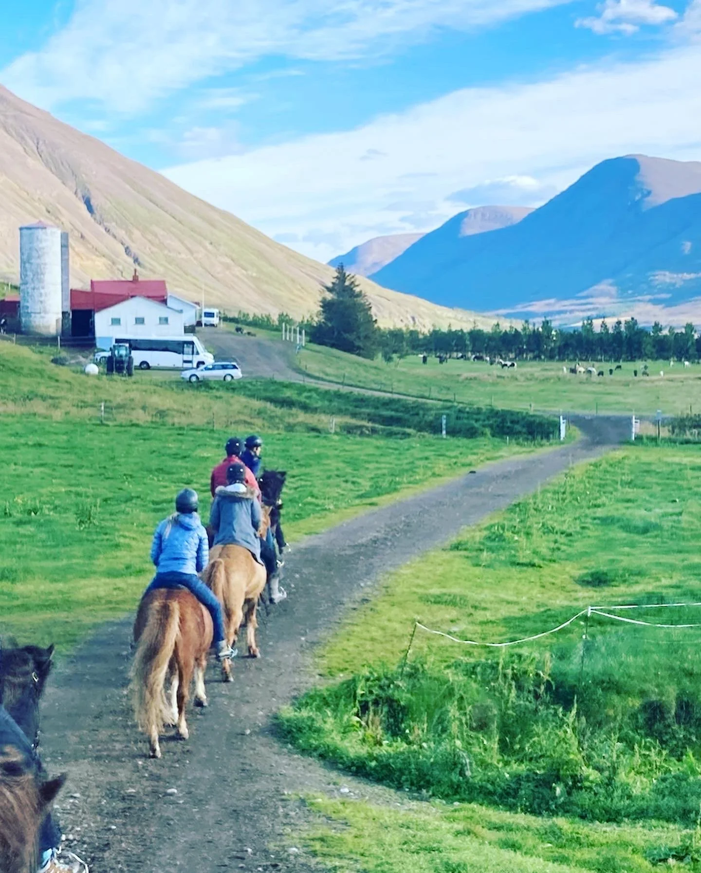 Group of people horseback riding on a trail through scenic grassy landscape with mountains and a farm building in the background.