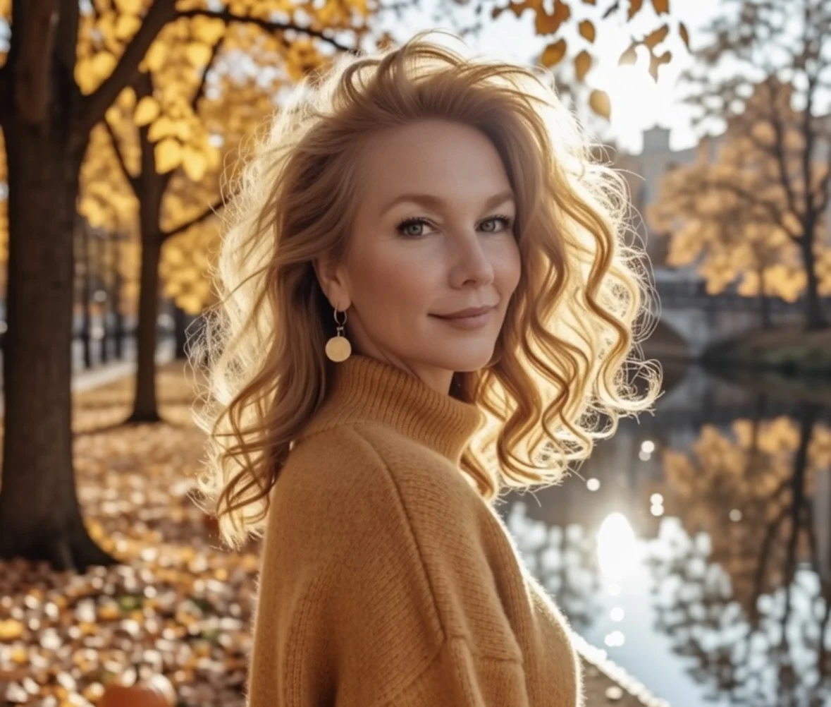 A woman with wavy red hair and earrings stands outdoors in autumn, near a river lined with trees with yellow leaves.