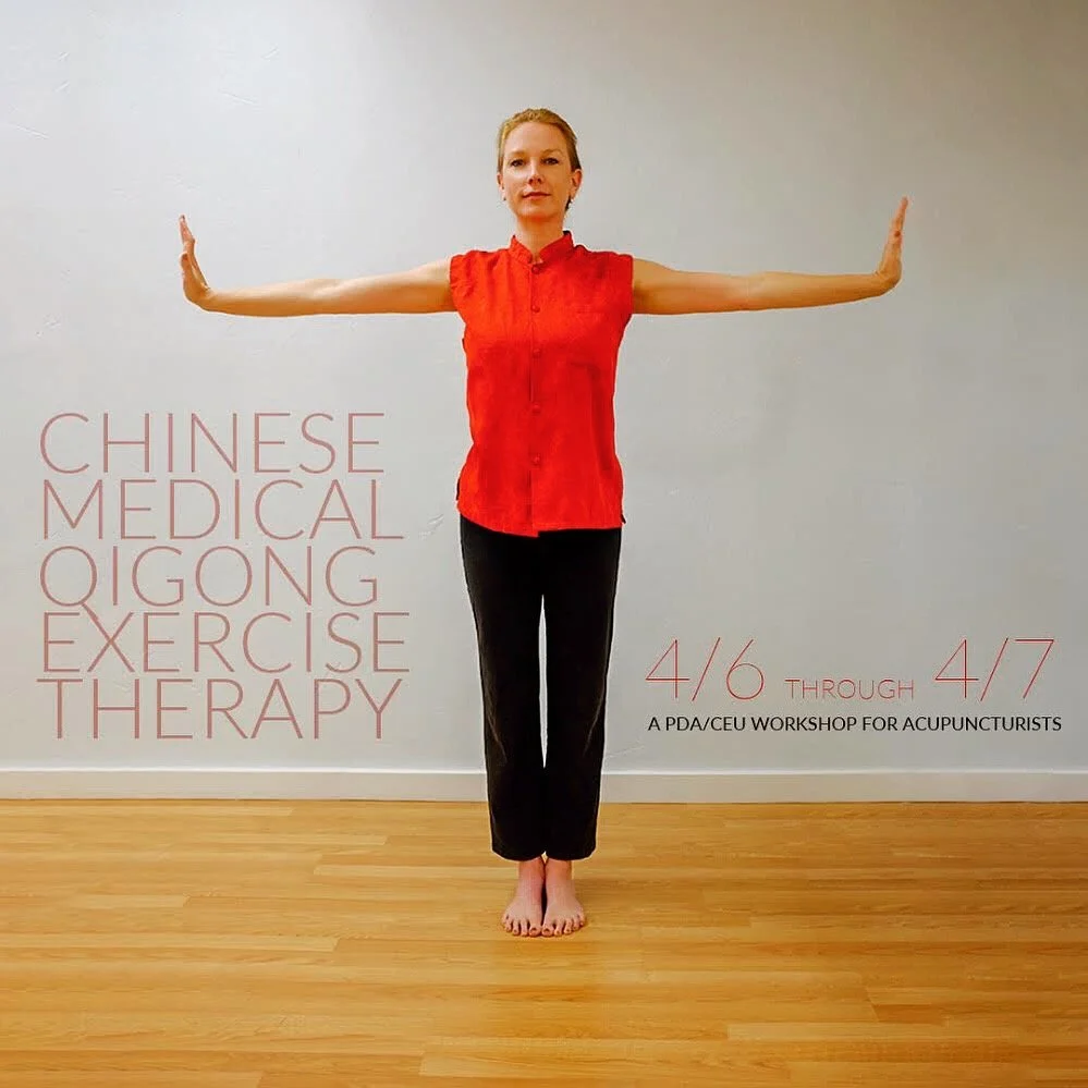 Person in red shirt practicing Chinese medical Qigong exercise therapy, standing with arms outstretched, promoting a workshop for acupuncturists on April 6th to 7th.