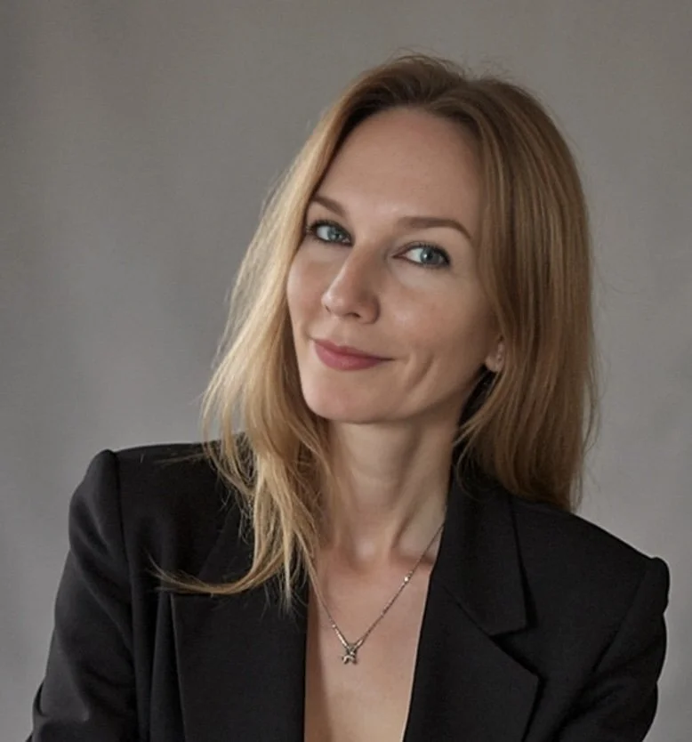 A woman with shoulder-length blonde hair, blue eyes, and a slight smile, wearing a black blazer and a silver necklace, posing against a plain gray background.