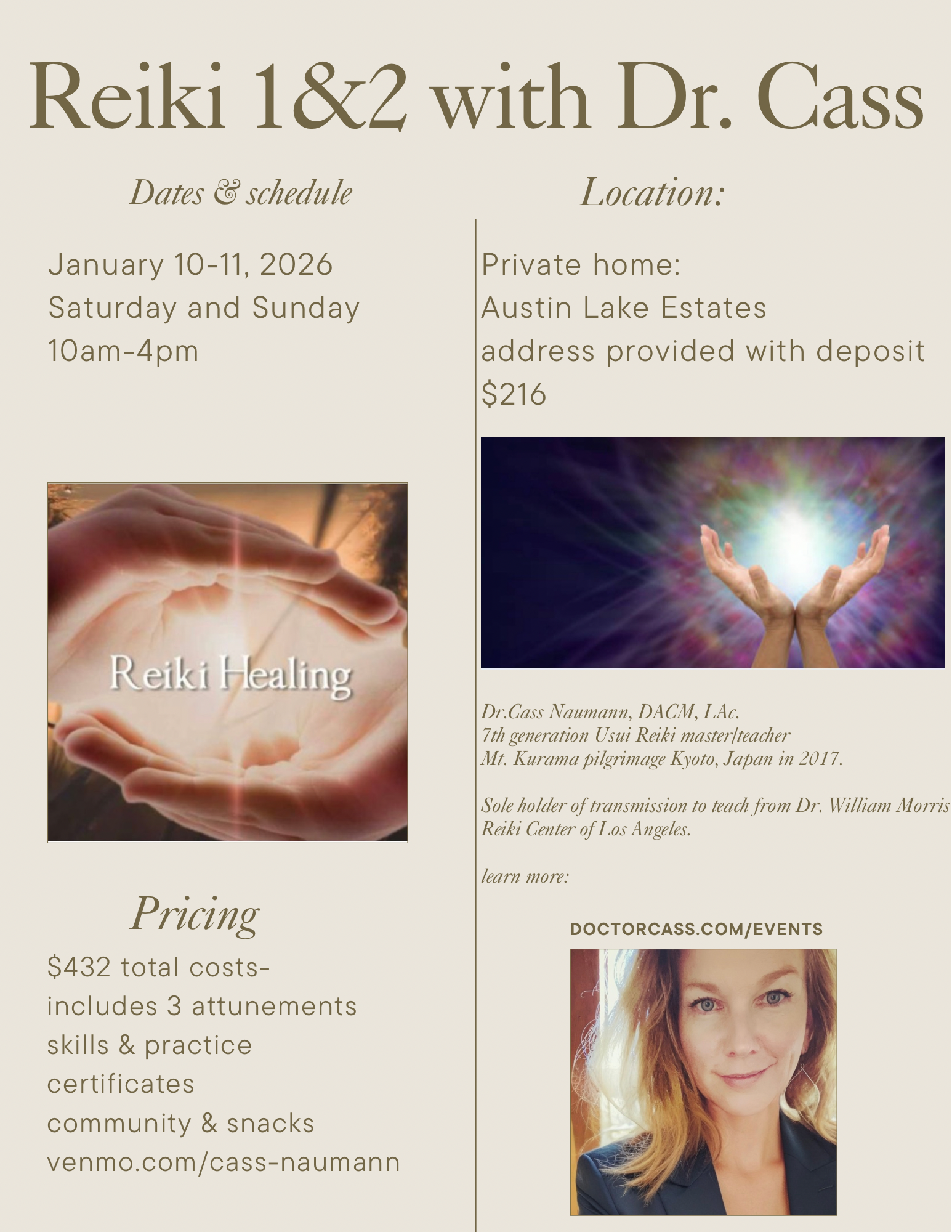 Flyer for Reiki 1&2 with Dr. Cass, including dates, location, pricing, and images of hands performing Reiki healing and a woman with red hair.