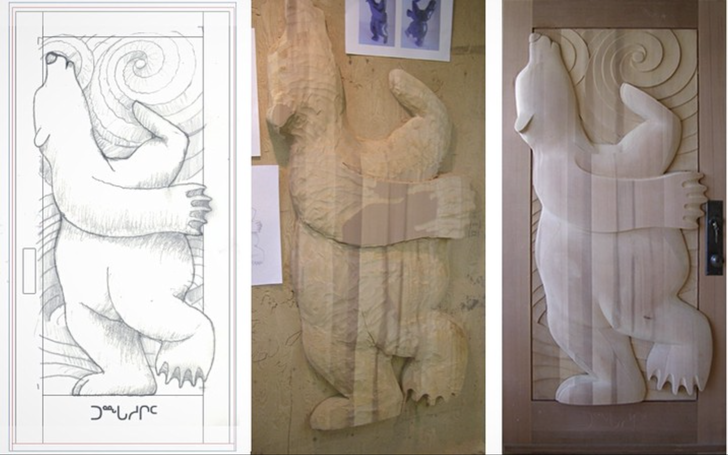 Three stages of a wooden sculpture/door of a dancing bear, including a technical drawing, carved wooden piece, and a finished carved wooden sculpture.