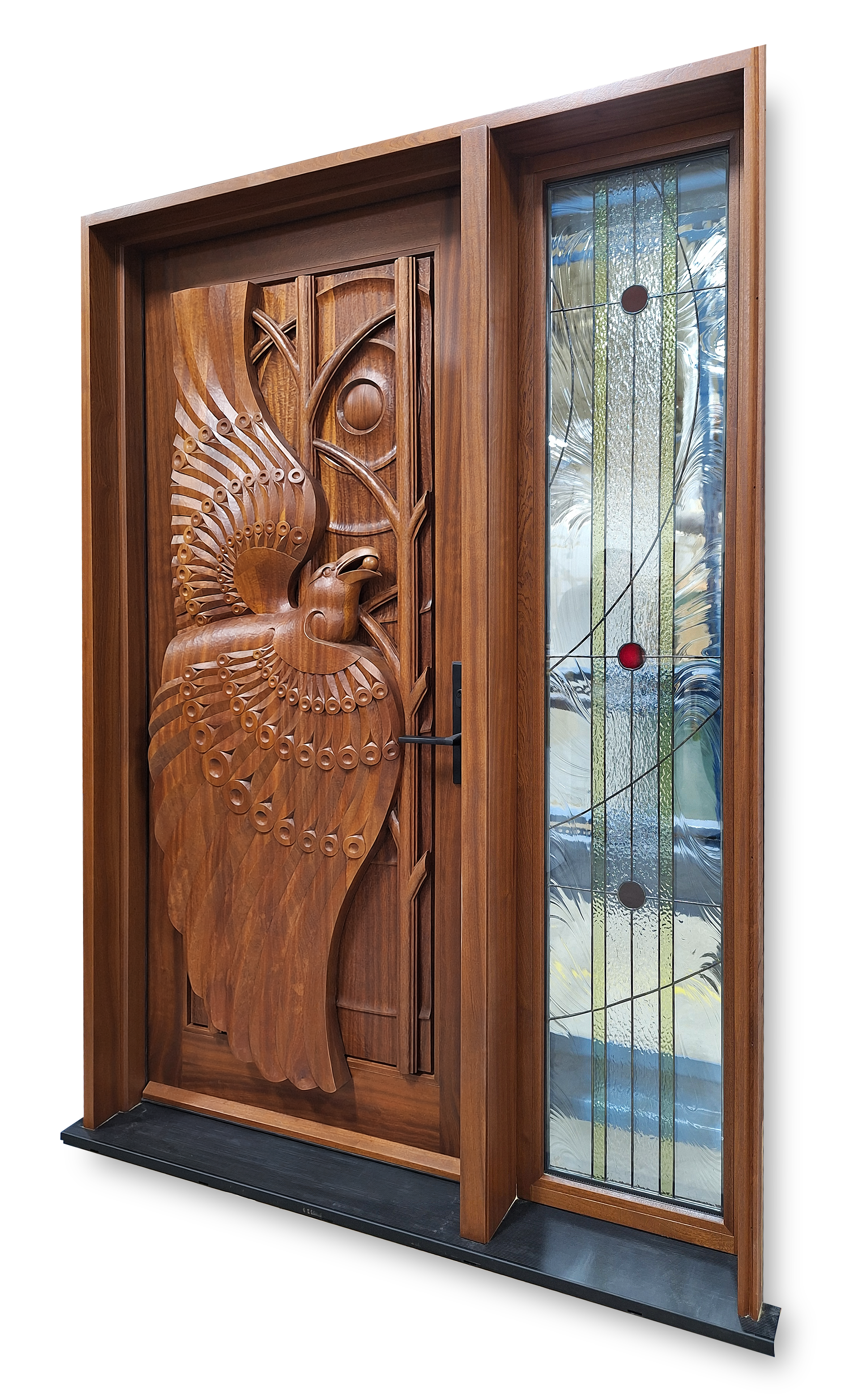 A hand-carved mahogany threshold inspired by the Inuit story Raven and the Berry Bush, integrating sculpture, stained glass, and architecture.