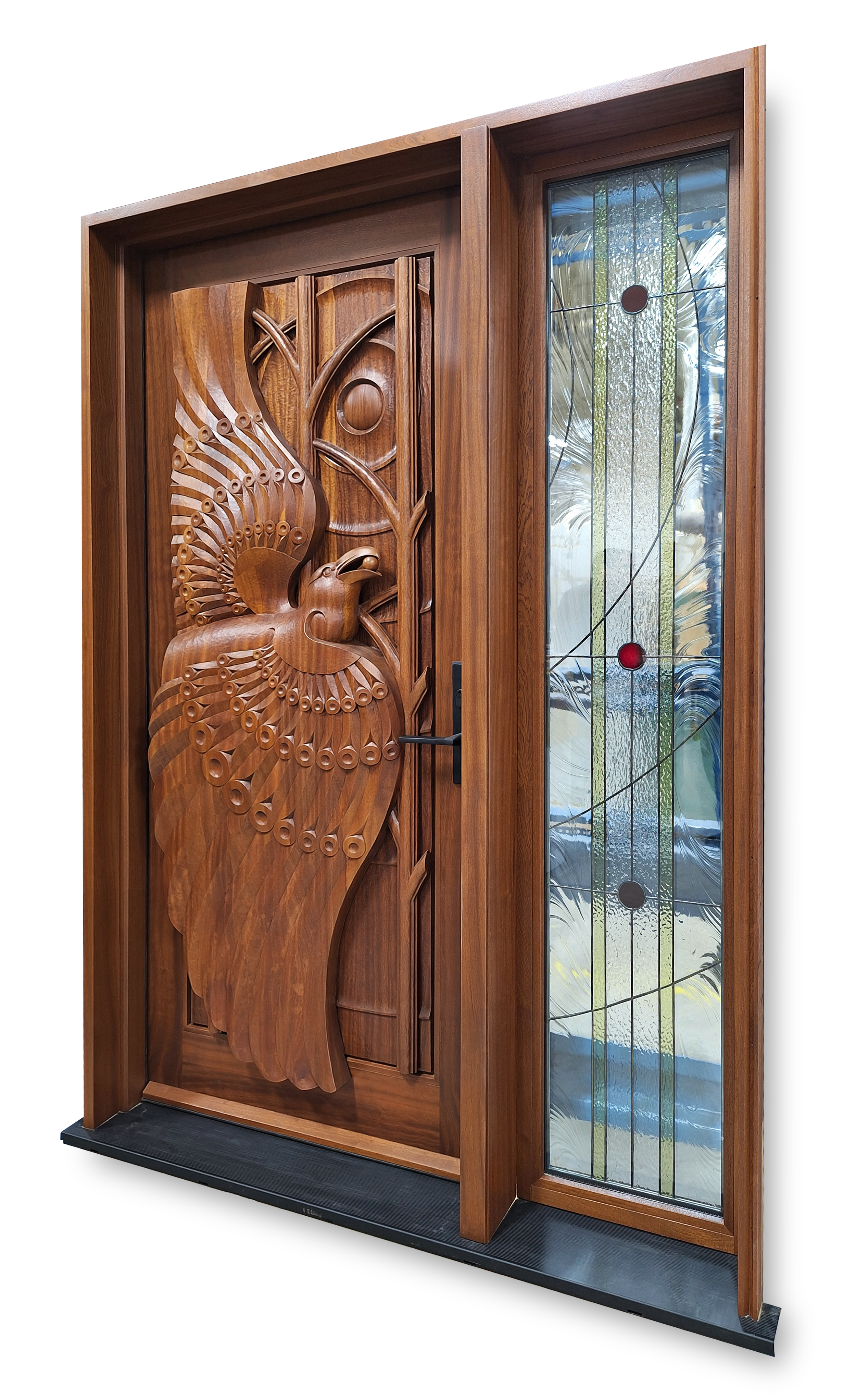 Sculptural mahogany threshold integrating stained glass, narrative carving, and natural symbolism.