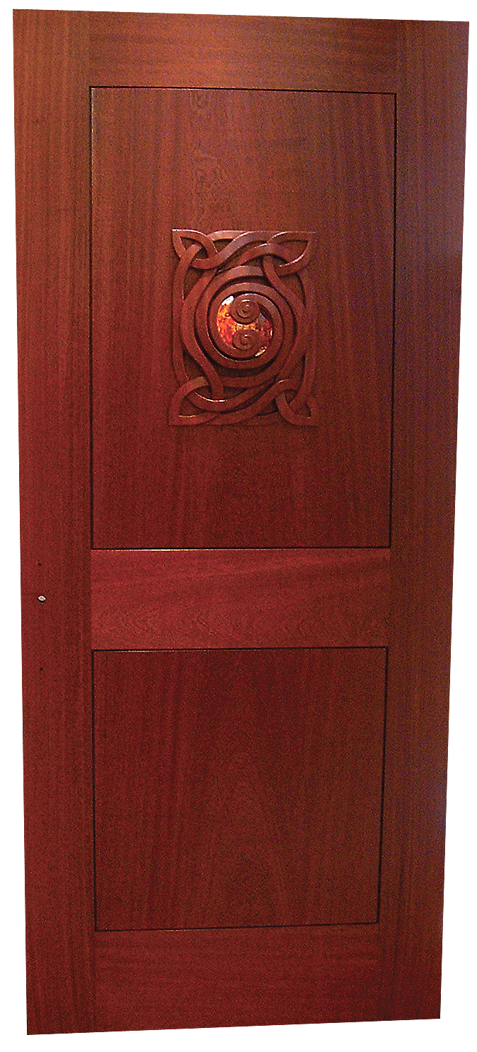 A sculptural interior passage exploring continuity, connection, and light through carved mahogany and handblown glass.