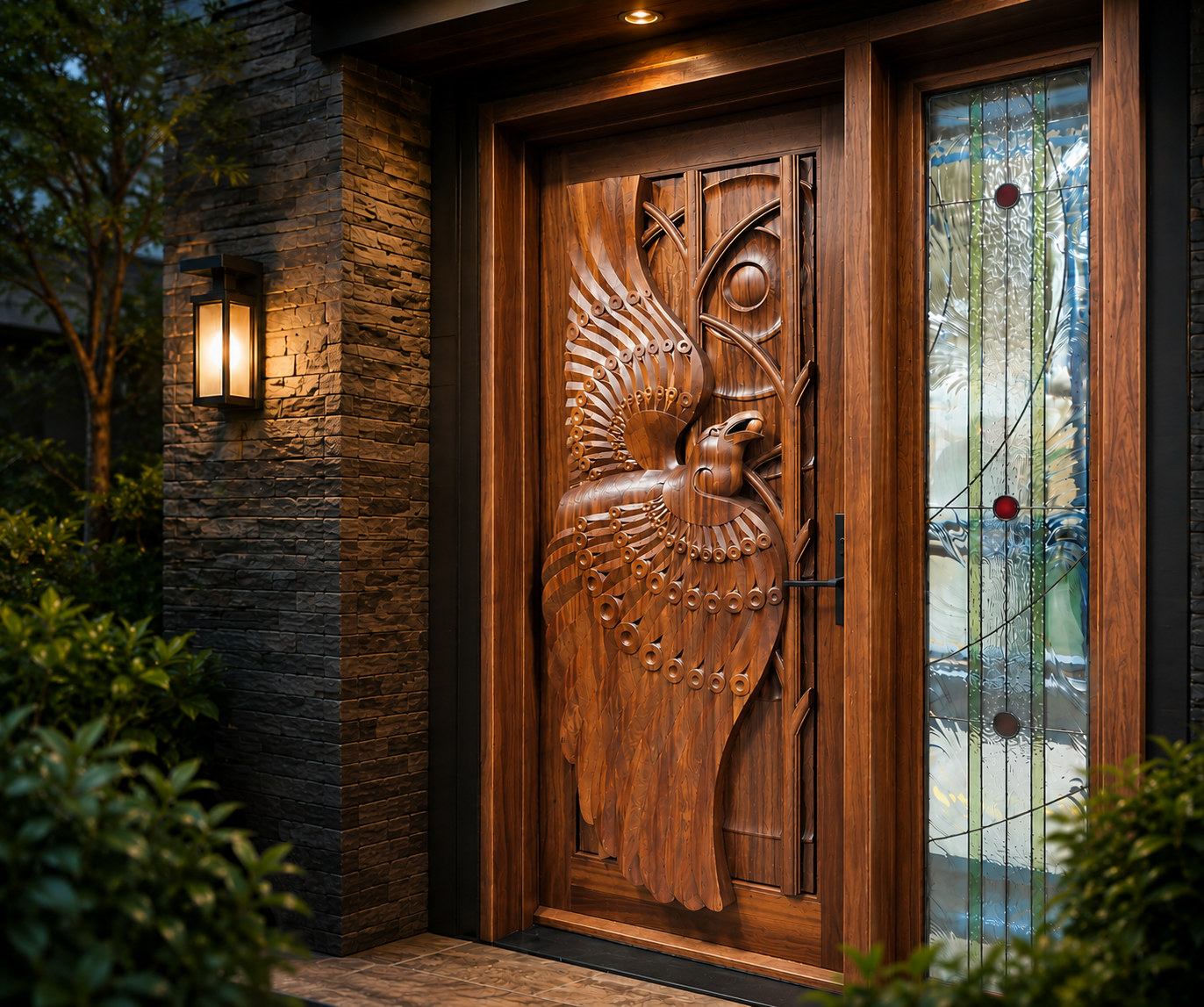 Hand-carved mahogany entrance door inspired by the Inuit story Raven and the Berry