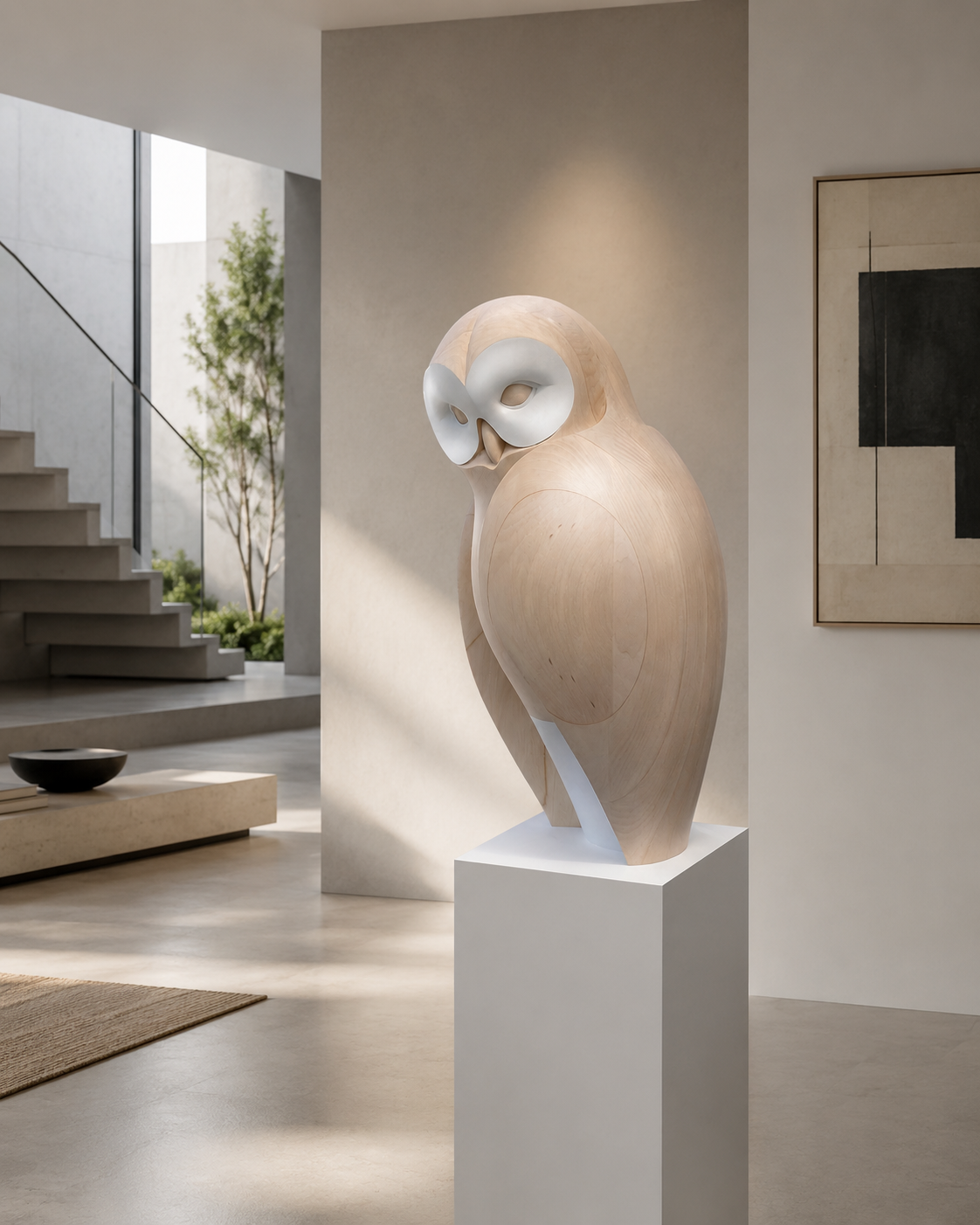 A contemplative owl sculpture exploring stillness, observation, and presence through hand-carved basswood.