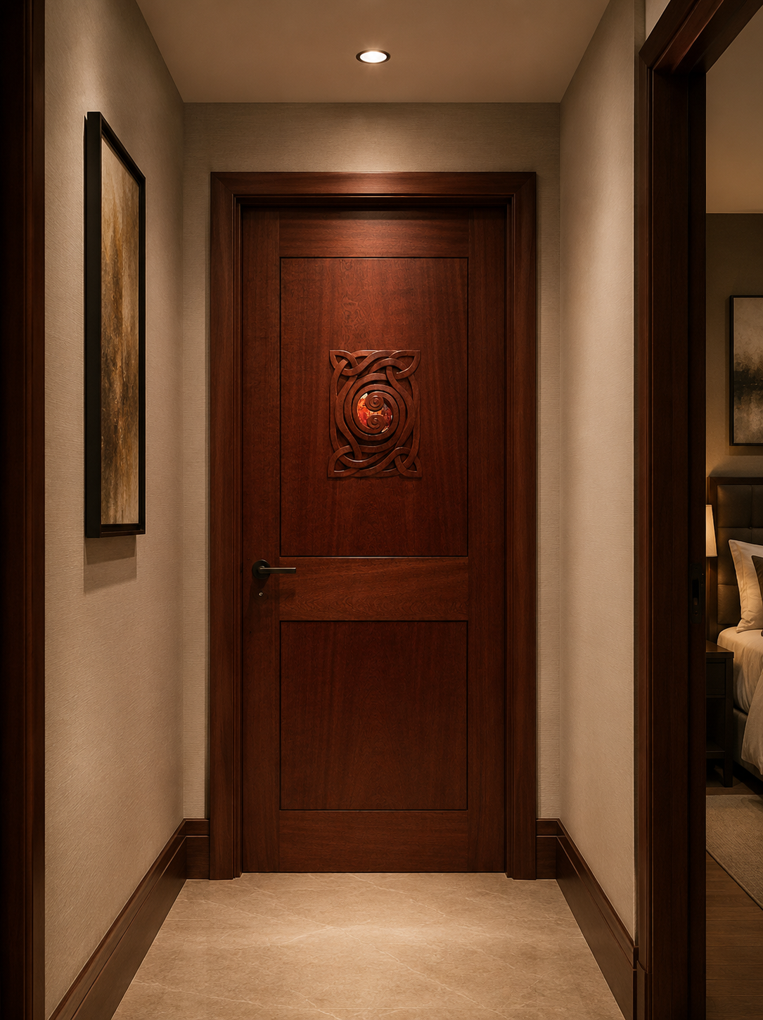 A sculptural interior passage exploring continuity, connection, and light through carved mahogany and handblown glass.