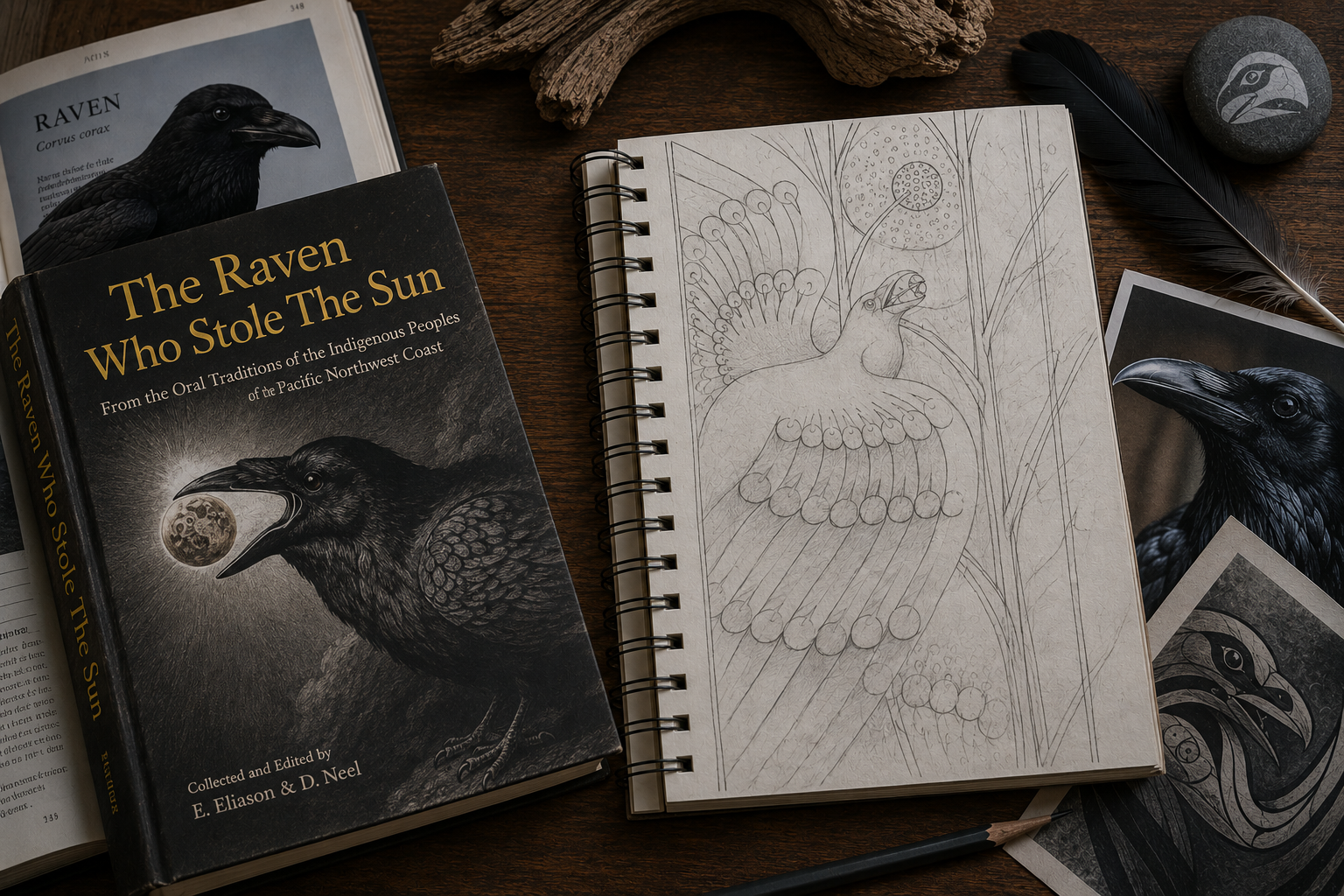 Sketchbook containing raven drawings and reference materials used during the development of a sculptural commission.