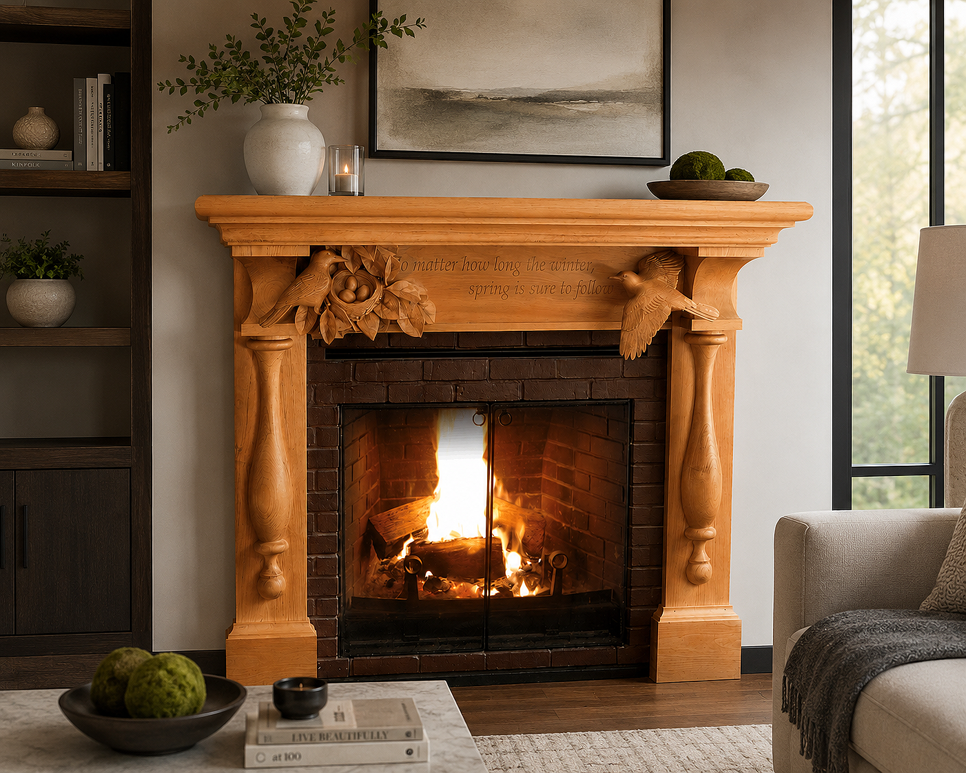 Hand-carved mantel titled Hearth and Home featuring birds and seasonal motifs.