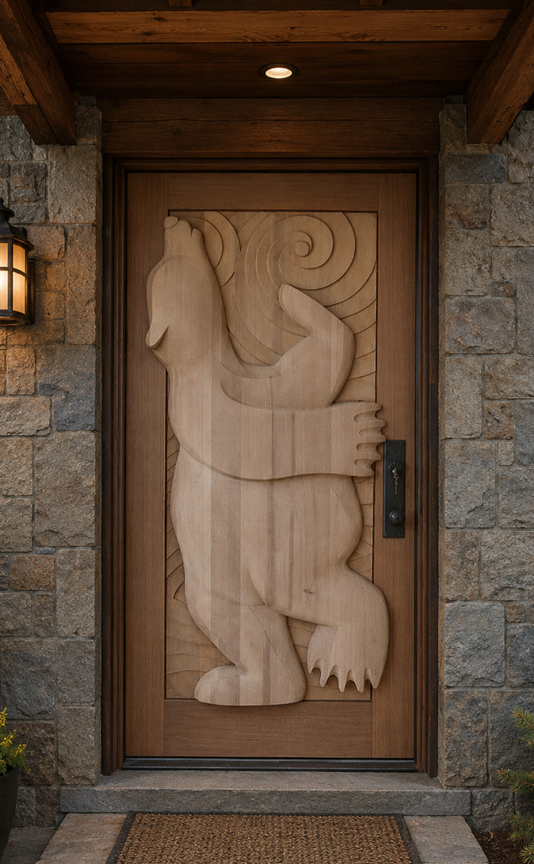 Hand-carved western red cedar entrance door featuring a dancing bear beneath the northern sky.