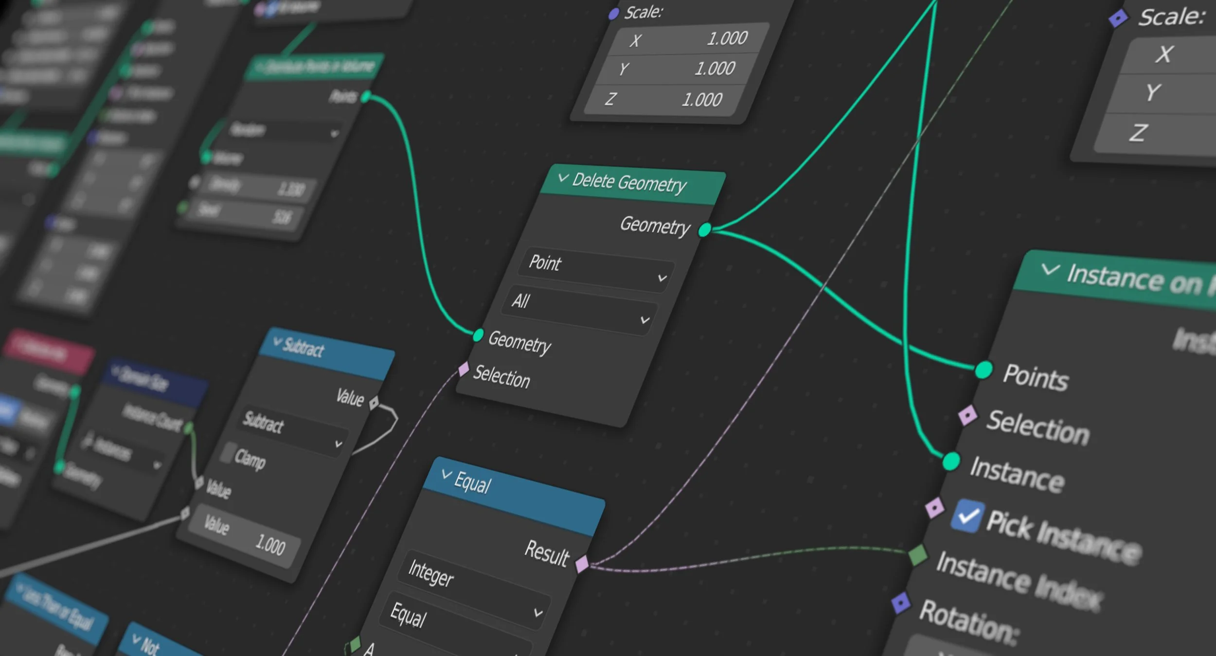 Flowchart with nodes and connections illustrating a digital design or programming interface, including options for deleting geometry, selecting points, and matching inventory instances.