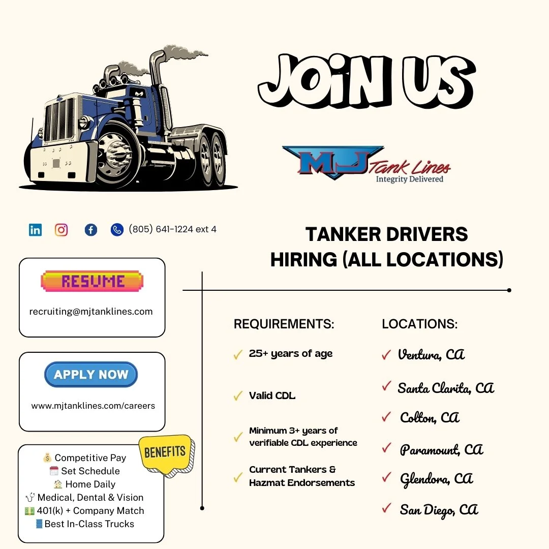 New Year. Same Goal. Fuel Your Career with MJ Tank Lines! 💥

Ready to kick off the year with a career that delivers top pay, reliable schedules, and a true family atmosphere? See more info below!

Why drive with us?

✅ Industry-leading pay: $31&ndas