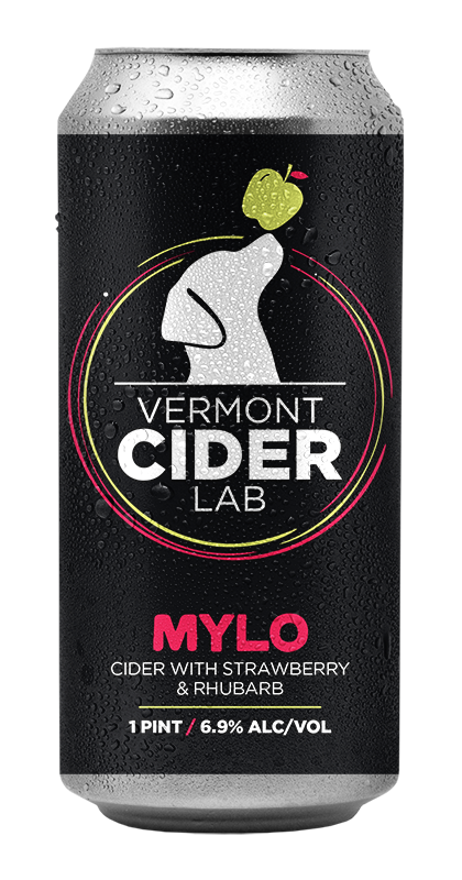 A can of Vermont Cider Lab MYLO cider with strawberry and rhubarb flavor, showing condensation droplets, with a black background and a logo featuring a white human figure with an apple for a head.