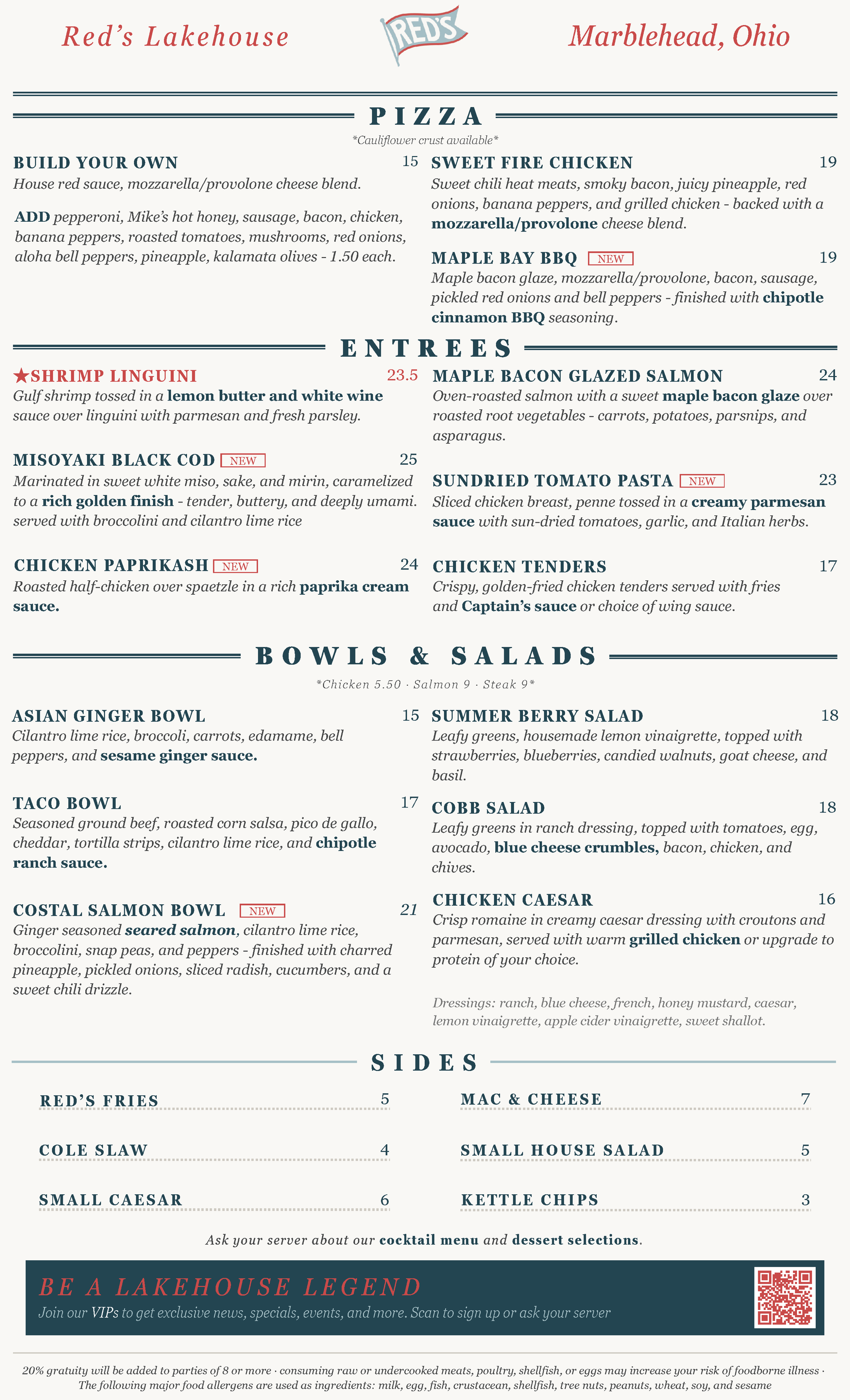 Menu from Red's Lakehouse in Marblehead, Ohio listing various pizza options, entrees, salads, sides, and beverages.