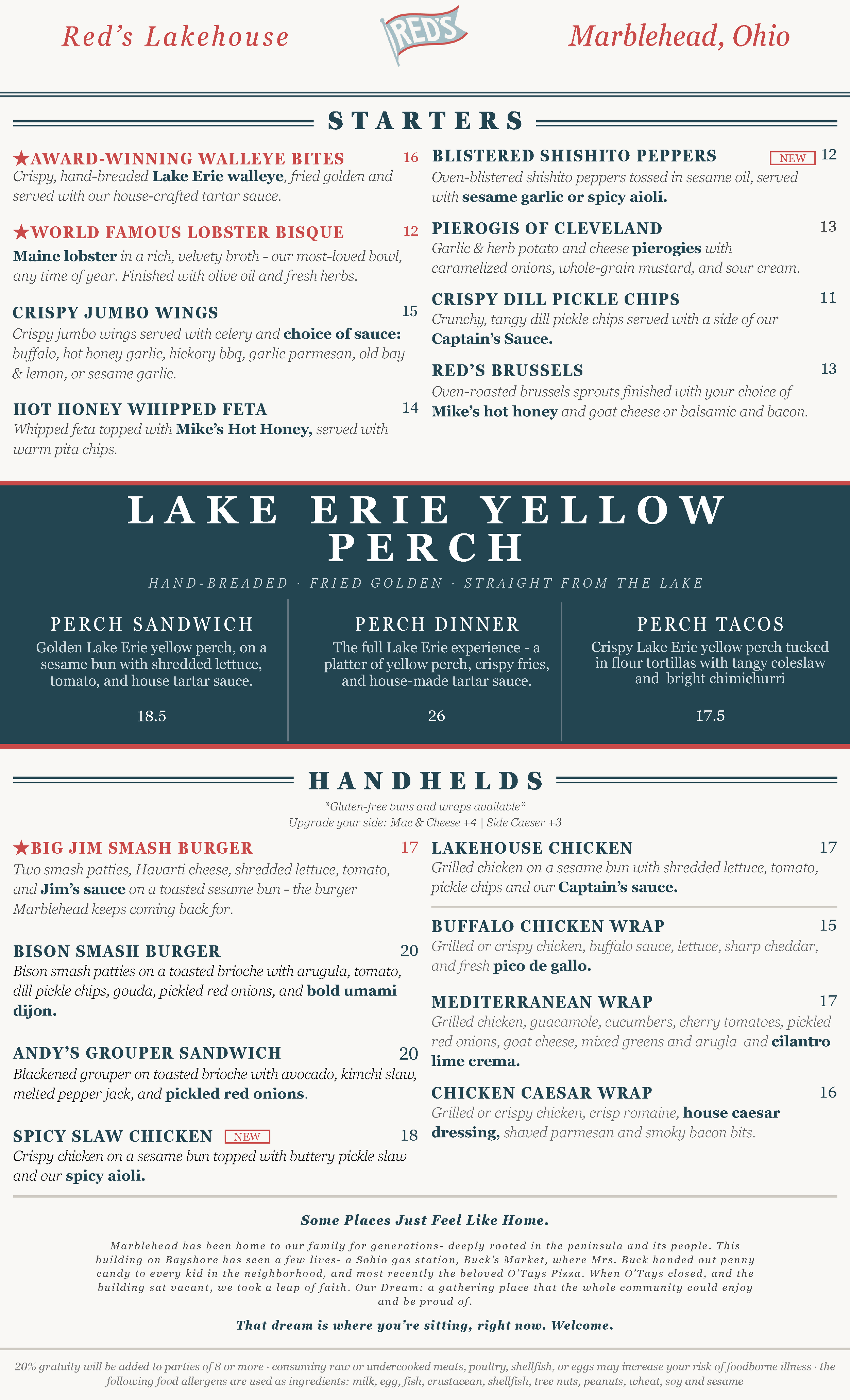 Image of a restaurant menu from Red's Lakehouse in Marblehead, Ohio, featuring starters and entrees with descriptions and prices.