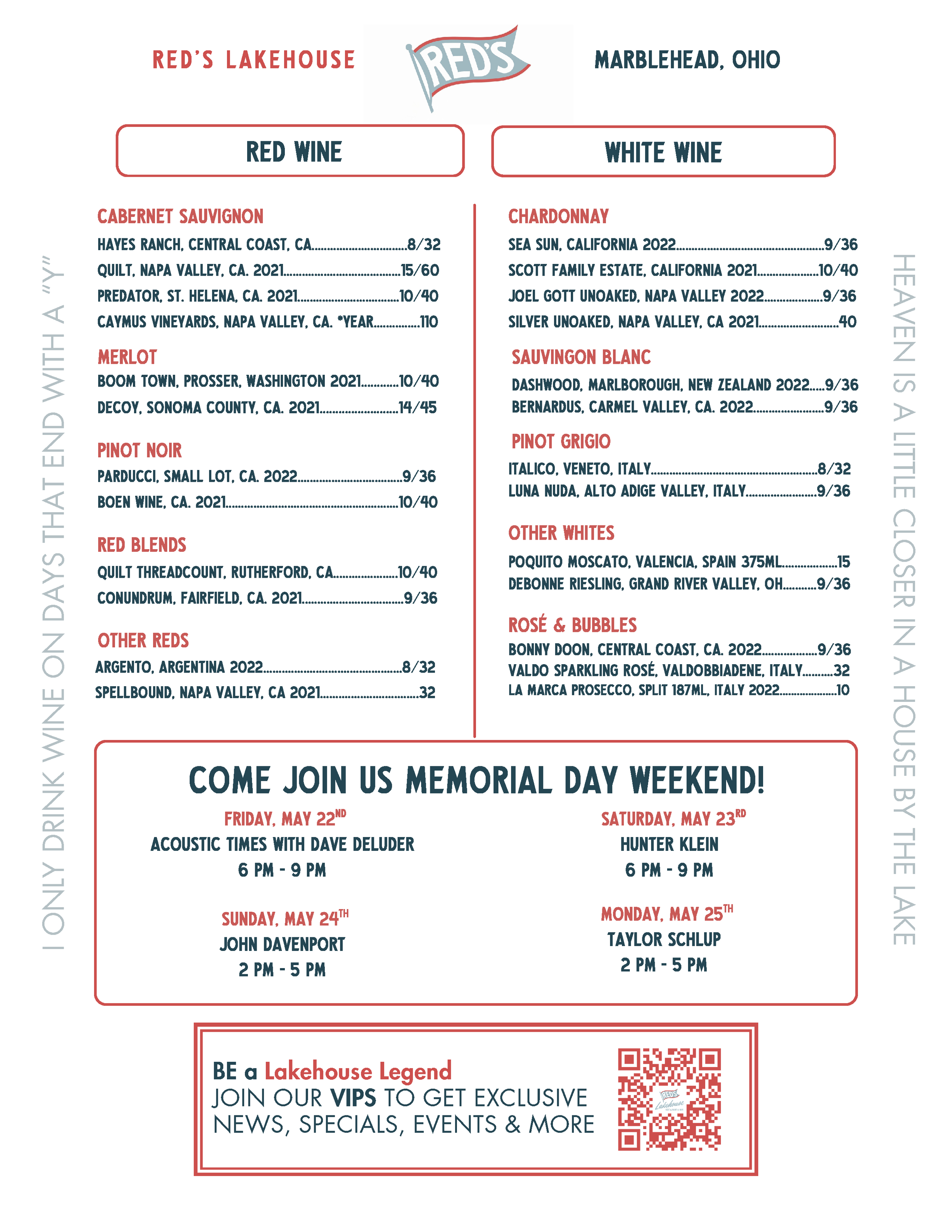 Event poster for Red's Lakehouse in Marblehead, Ohio, announcing Memorial Day weekend activities from May 22 to May 25, 2023, including live music performances and highlighting special wine offerings.