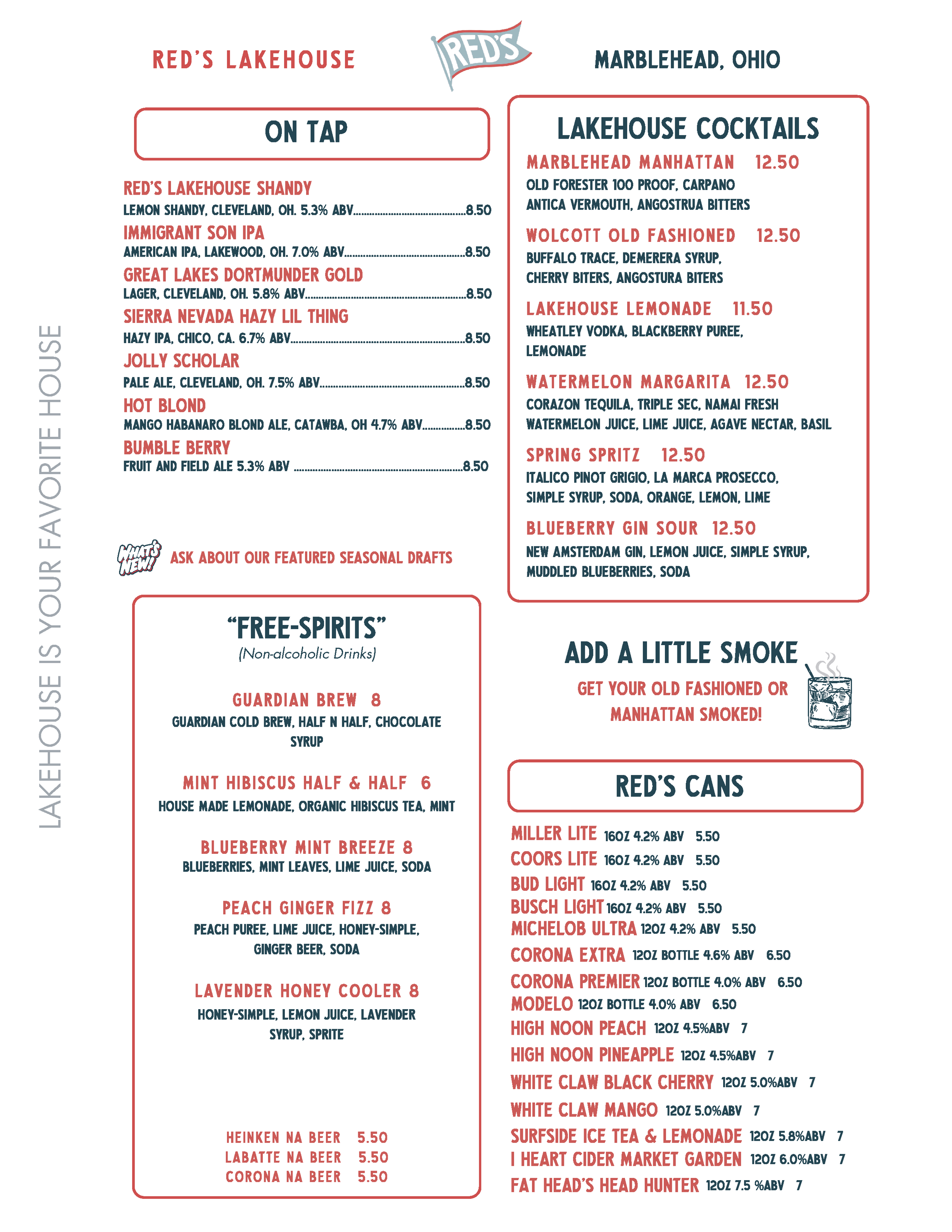 Menu from Red's Lakehouse in Marblehead, Ohio. It lists beers on tap, seasonal drafts, cocktails, and canned beers. The beers include names like Red's Lakehouse Shandy, Immigrant Son IPA, Great Lakes Dortmunder Gold, Sierra Nevada Hazy Lil Thing, and others. The cocktail section features drinks such as Marblehead Manhattan, Wolcott Old Fashioned, Lakehouse Lemonade, Watermelon Margarita, Spring Spritz, Blueberry Gin Sour, and more. Canned beers include Miller Lite, Coors Lite, Bud Light, and others with their alcohol content and prices.