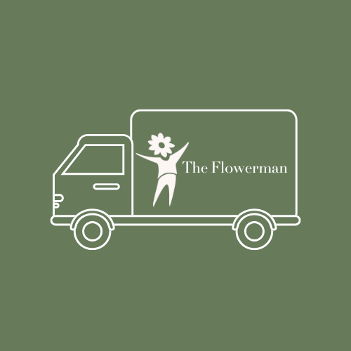 Logo of a flower truck with a flower mascot and the text 'The Flowerman' on the side, set against a green background.