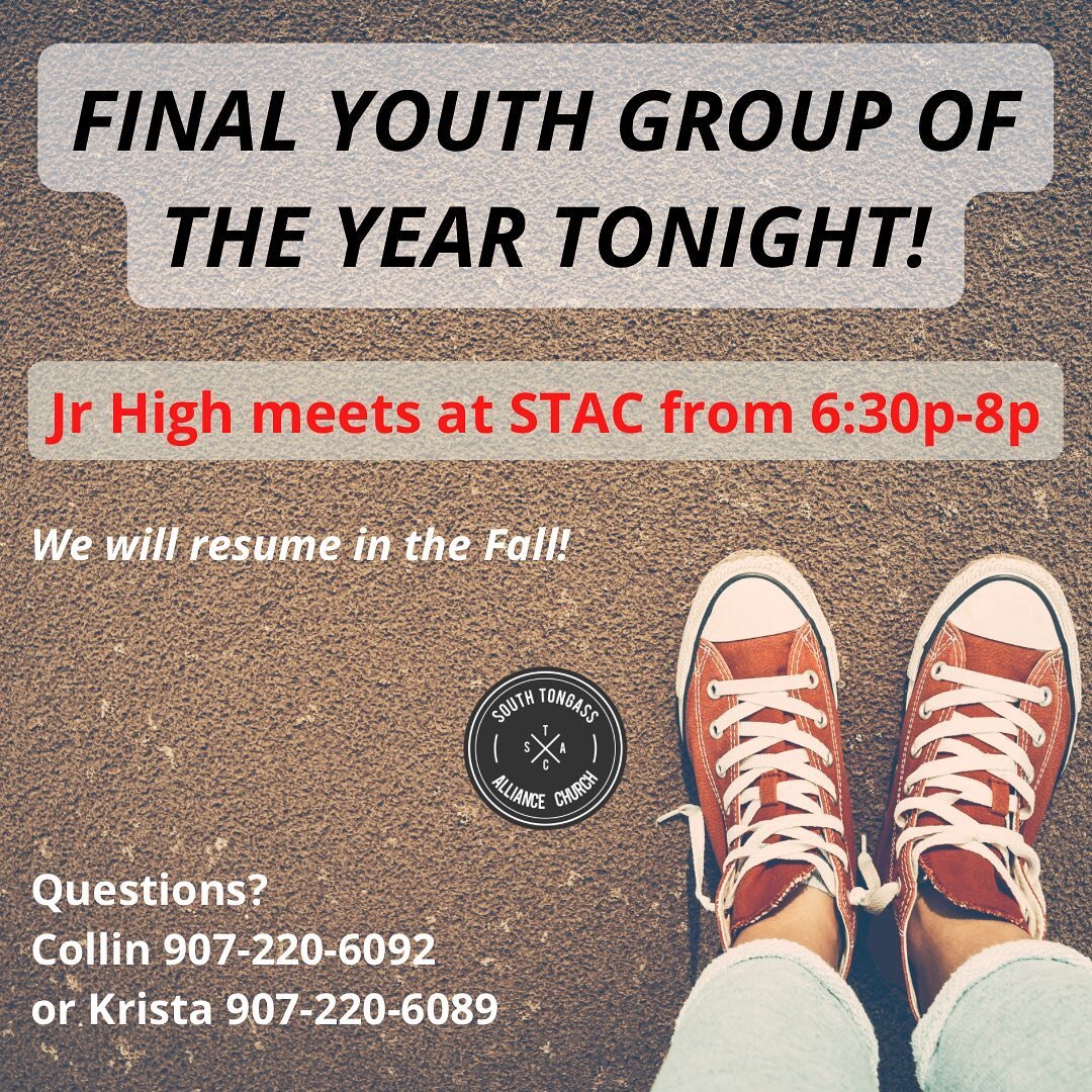 Beautiful Tuesday night STAC is the place to be!

Final Jr High Youth Group meeting of the school year is tonight at 6:30p in the STAC Cafe.  Youth group will resume in the early Fall. 

Missions Council meets at 6:30p in the STAC Office.

STAC Art M