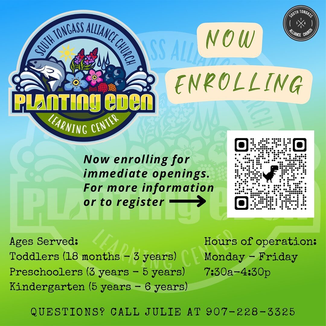 Looking for a safe, loving childcare option? Planting Eden Learning Center is currently enrolling 18 months to 6 years olds. 

Please contact Julie with any questions, 907-228-3325

#stac_ktn #plantingeden_ktn #pelc #faithbasedchildcare #summercare #