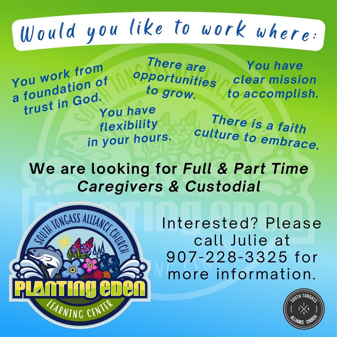 We&rsquo;re building our team and are looking for caring, compassionate, faith filled individuals to join our PELC family. 

Full &amp; part-time positions available. Please contact Julie, 907-228-3325 for more information or to apply.

#stac_ktn #pl
