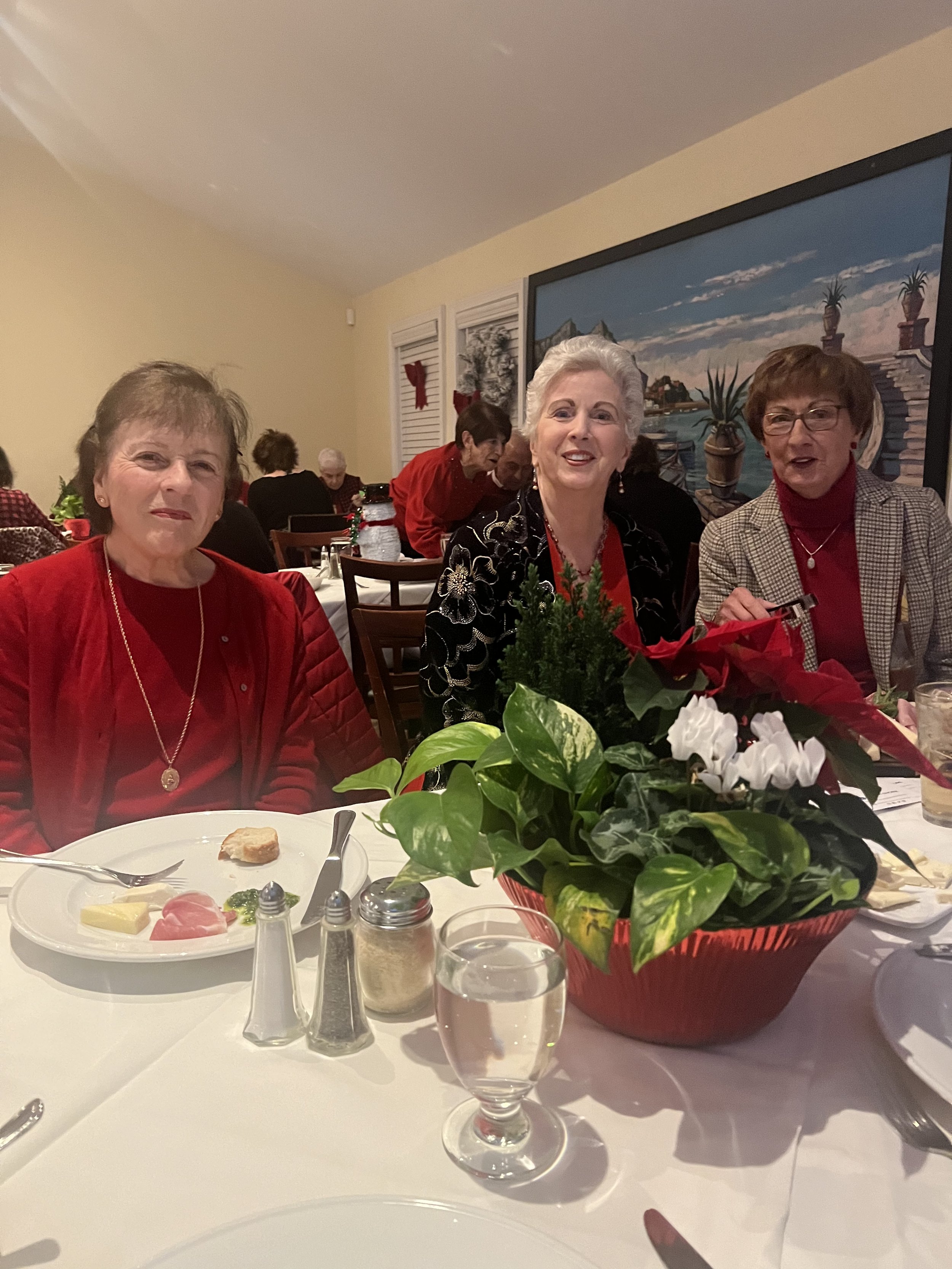 Three women sitting at a dining table with plates, silverware, and a centerpiece with festive red and white flowers.
